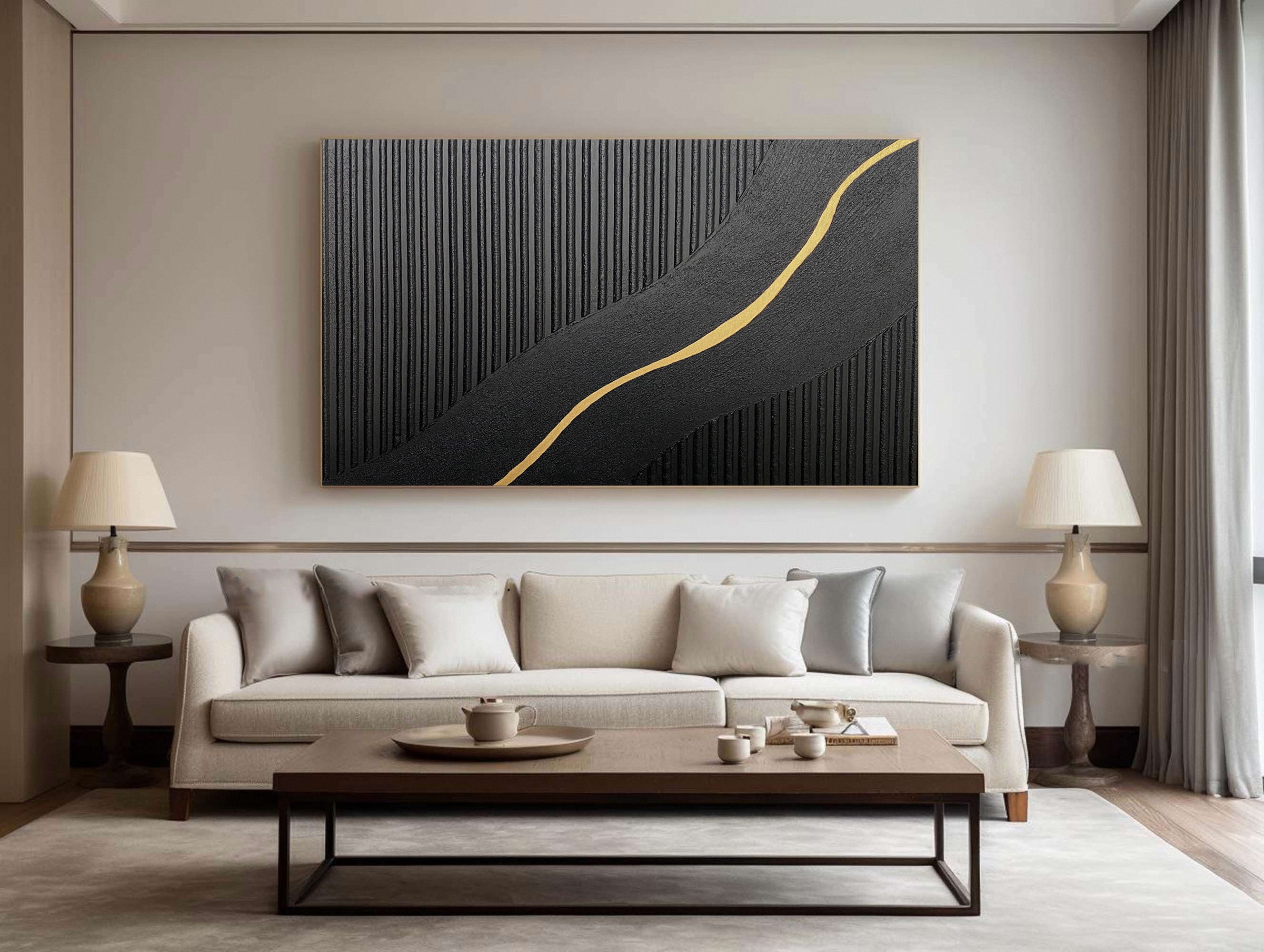 Modern Abstract with Textured Black and Diagonal Gold Gleam #BGA 311