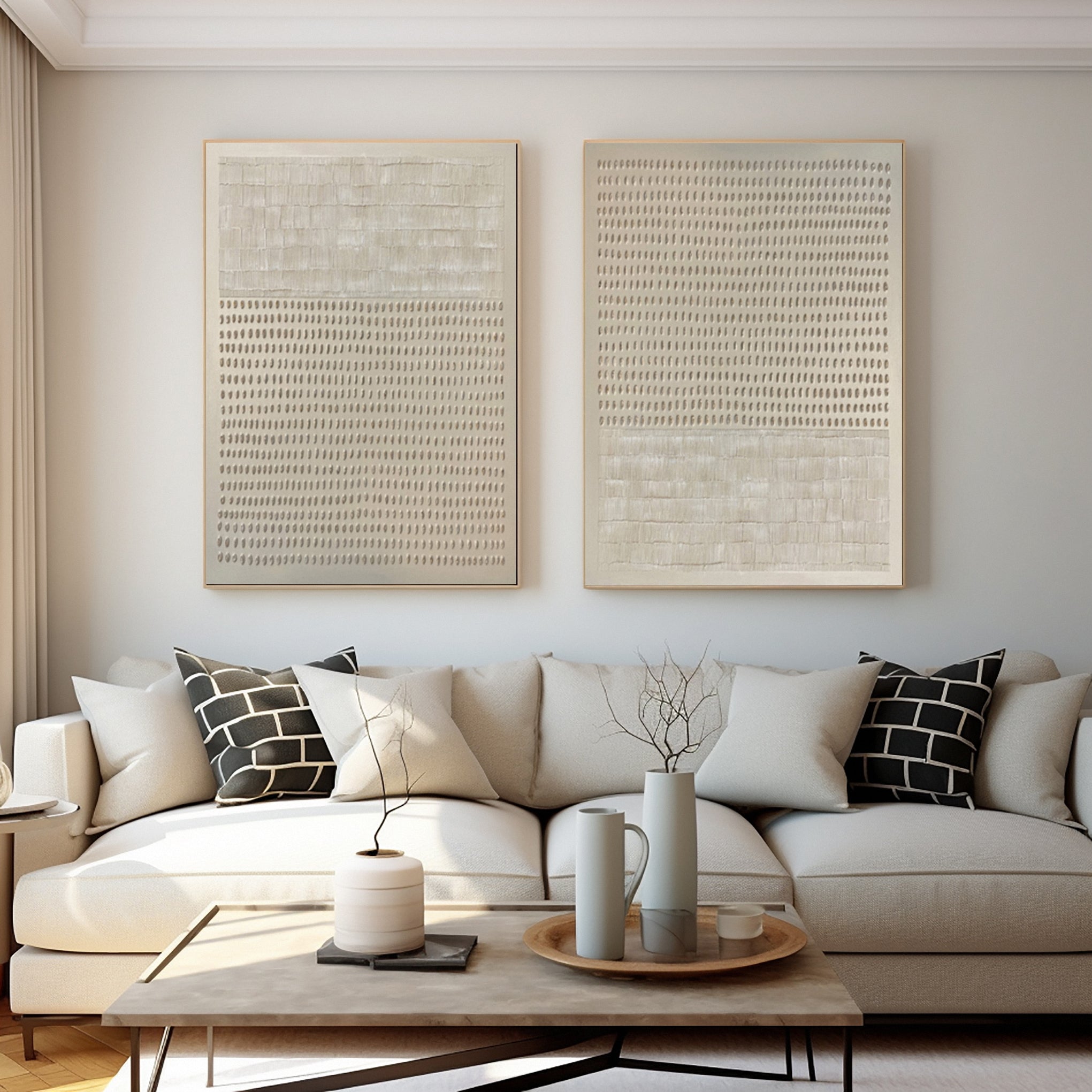 Abstract Neutral Diptych with Repeated Tactile Strokes #BGA 293