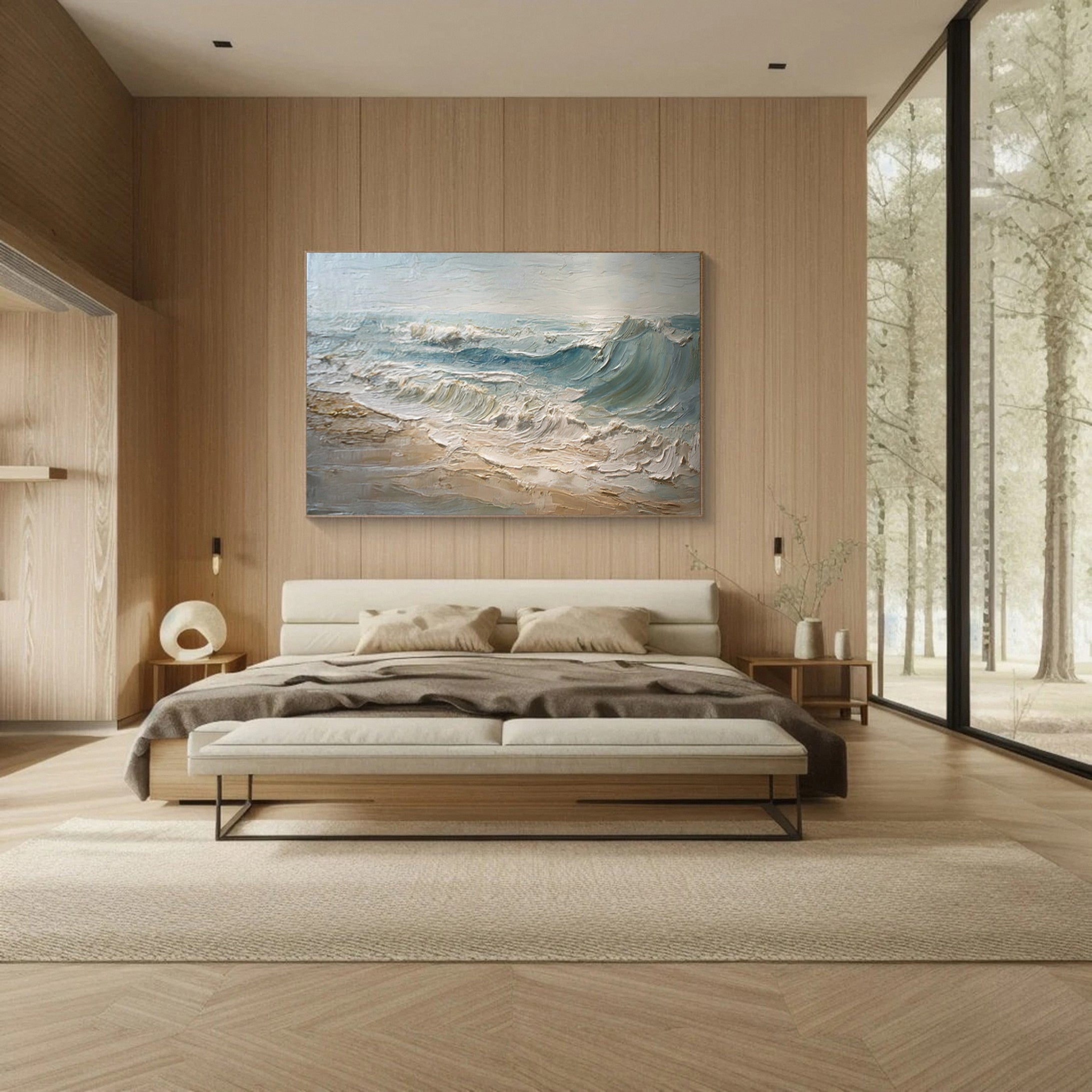 Textured Seascape Painting Blue White Sand Modern #WG 039