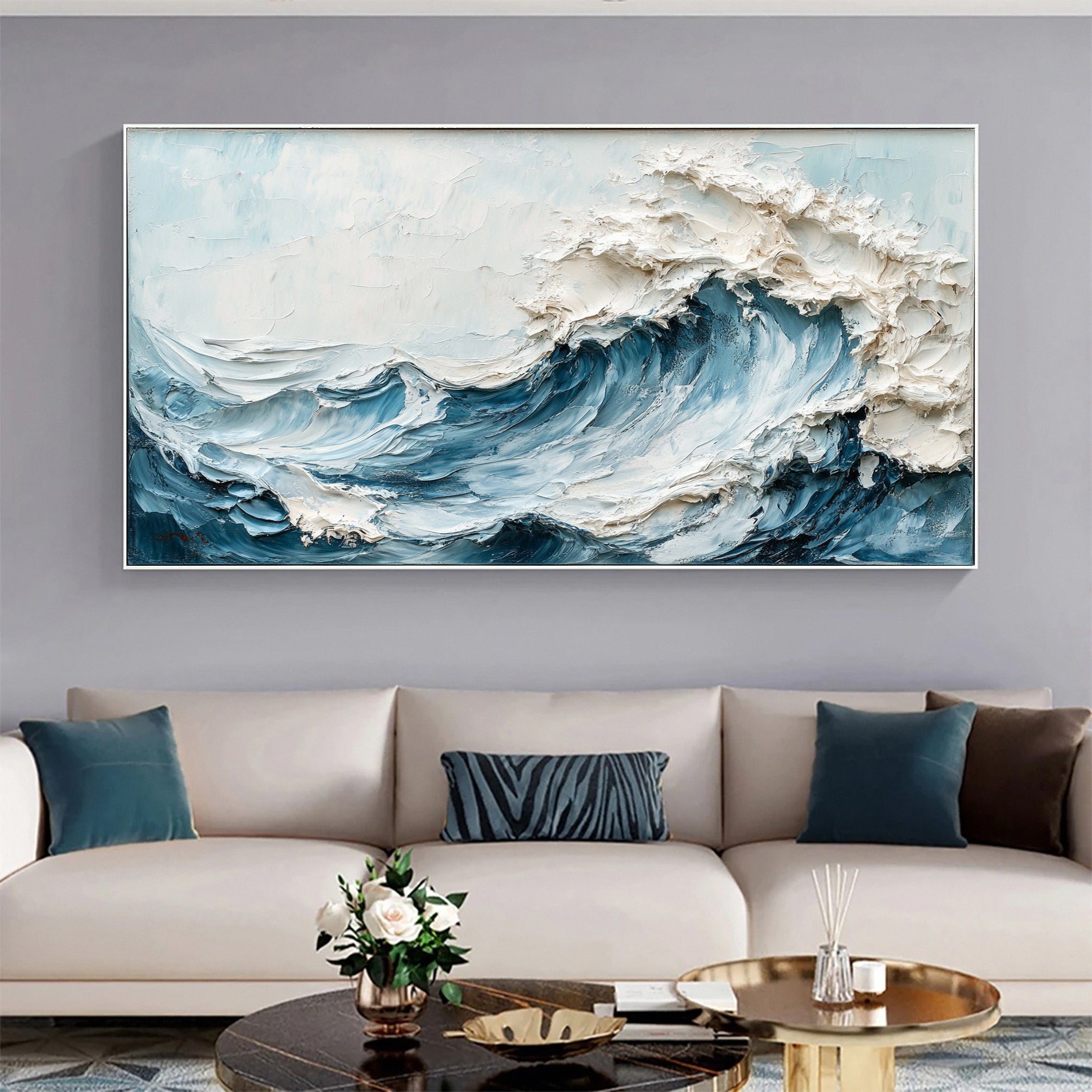 Marine Elegance Luxurious Blue Waves Oil Canvas for Modern Interiors #OP 008