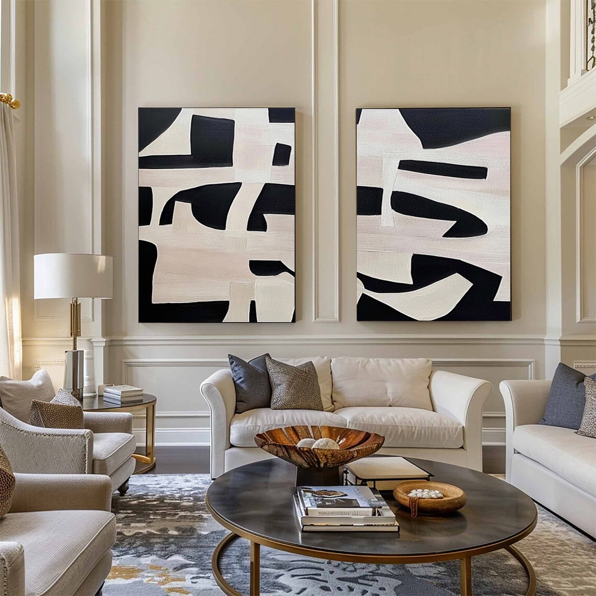 Monochrome Geometry Modern Art Canvas Set Of 2 #BWA 015
