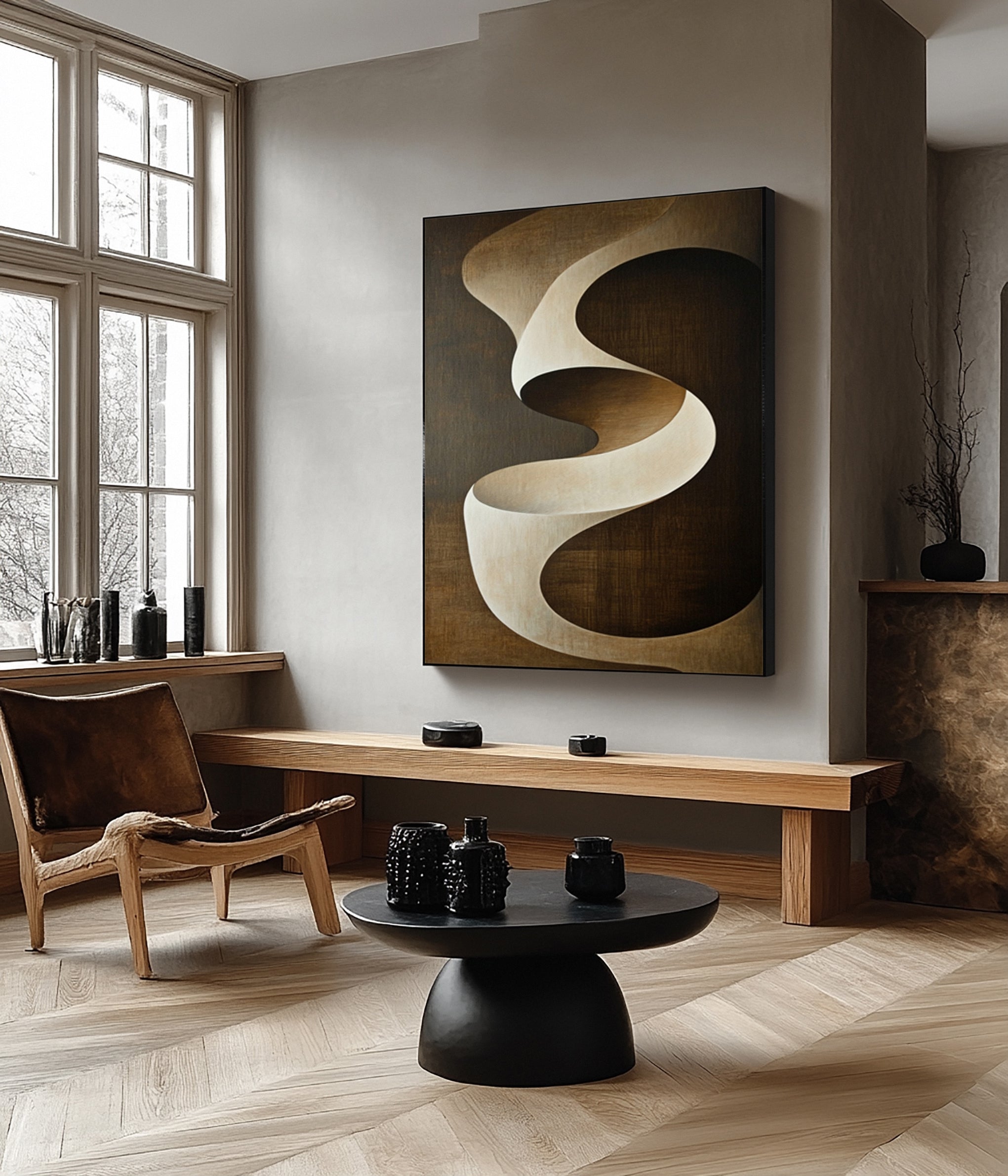 Quiet Motion: Minimalist Abstract with Gentle Brown Swirl #BGA 296