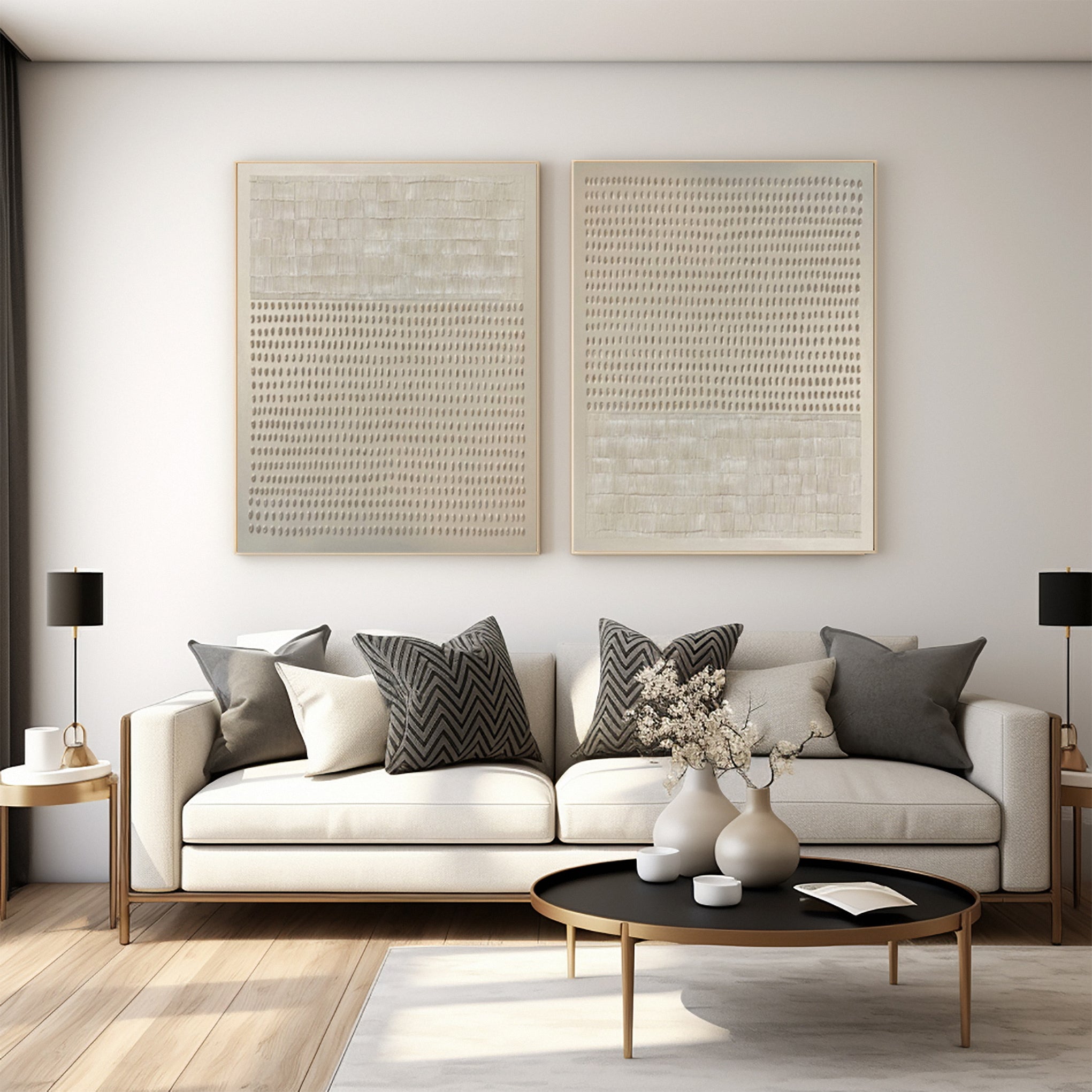 Abstract Neutral Diptych with Repeated Tactile Strokes #BGA 293