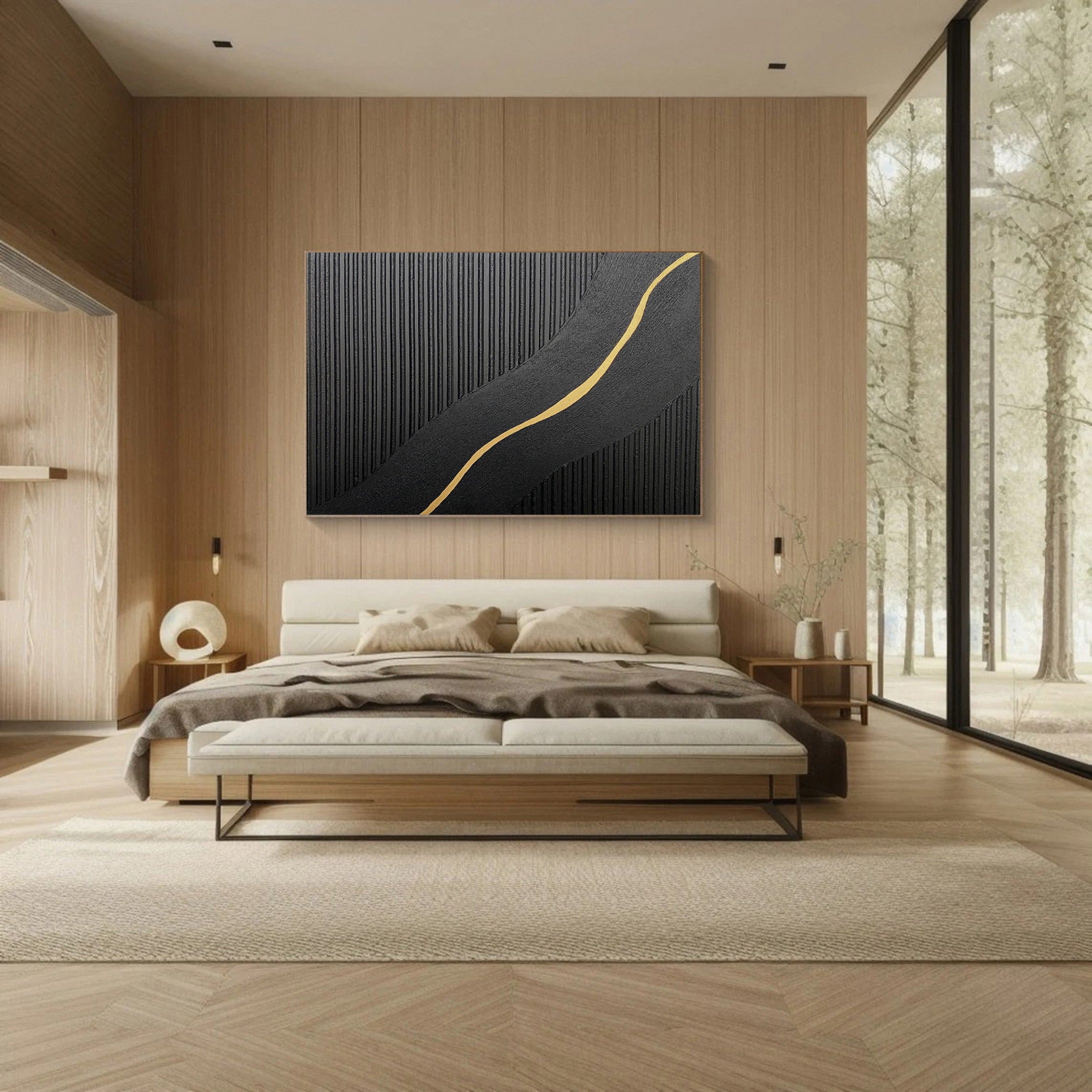 Modern Abstract with Textured Black and Diagonal Gold Gleam #BGA 311