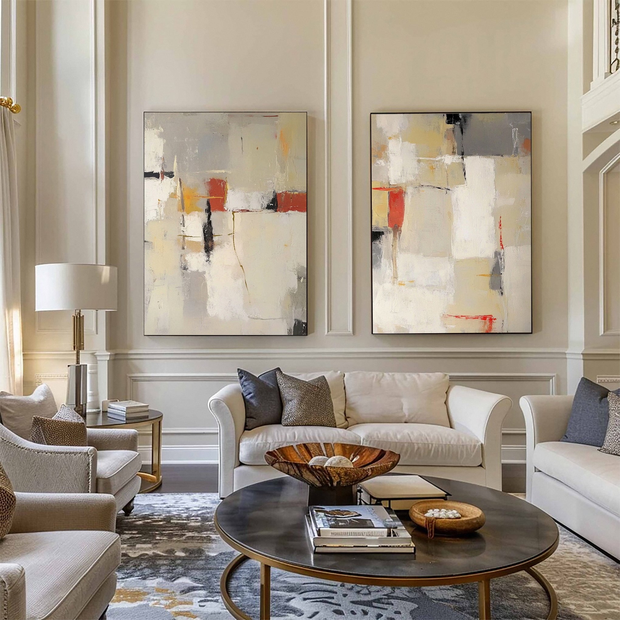 Neutral Palette Abstract Art with Vibrant Accents Canvas Set Of 2 #BBA 087