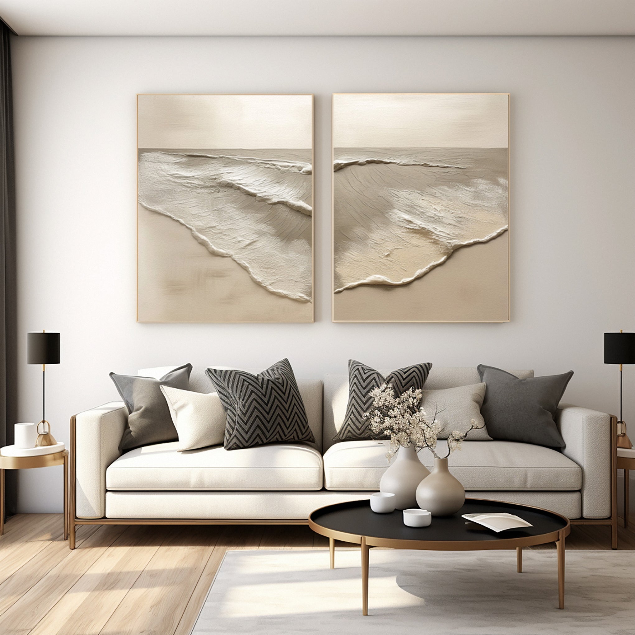 Minimalist Neutral Beach Diptych with Tactile Coastal Forms #BGA 304