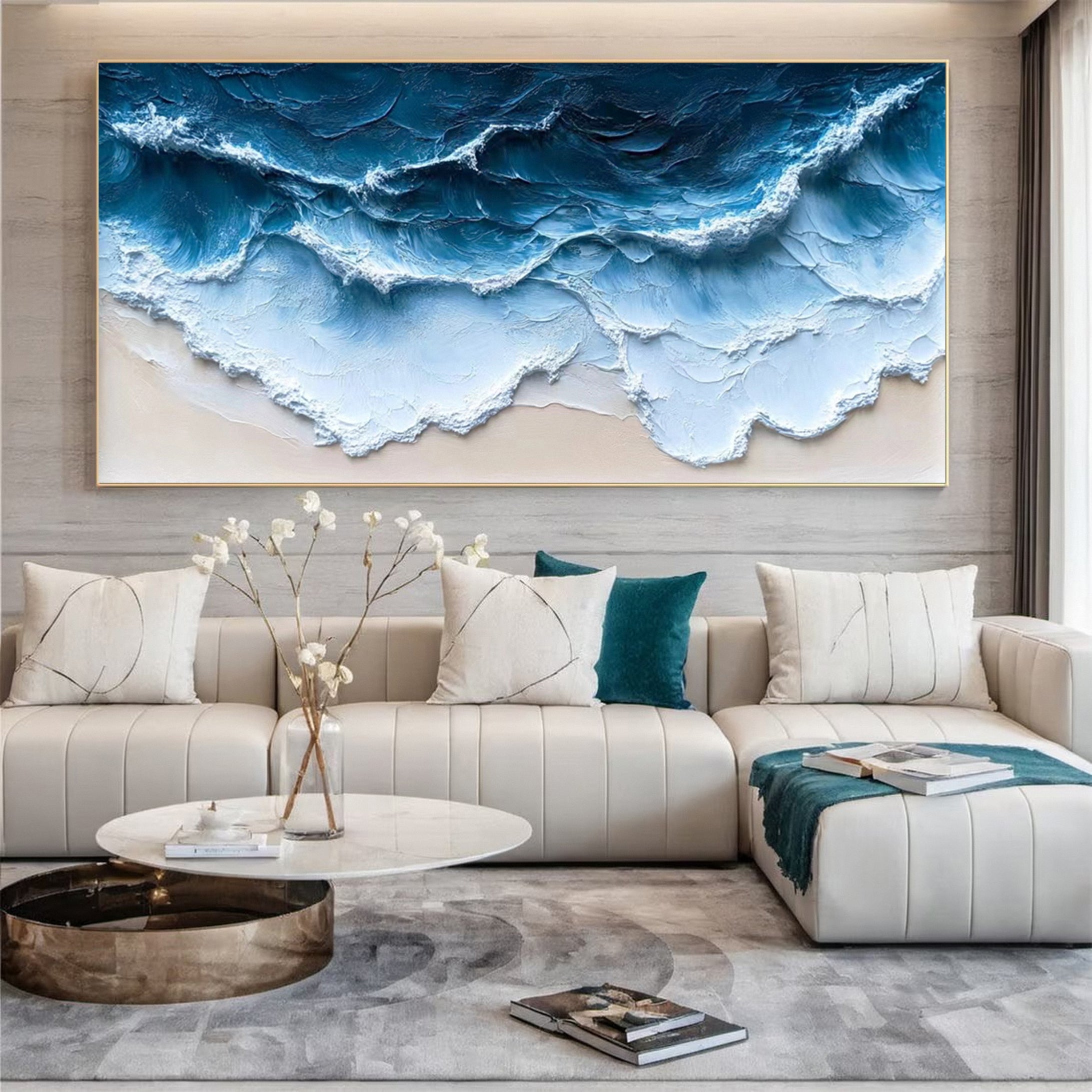 Coastal Serenity Textured Ocean Waves Oil Painting for Living Room #OP 004