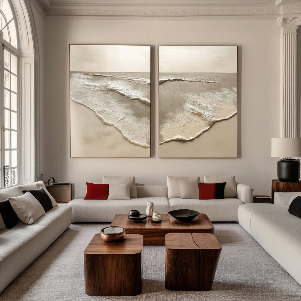 Minimalist Neutral Beach Diptych with Tactile Coastal Forms #BGA 304