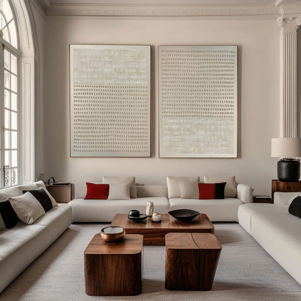 Abstract Neutral Diptych with Repeated Tactile Strokes #BGA 293