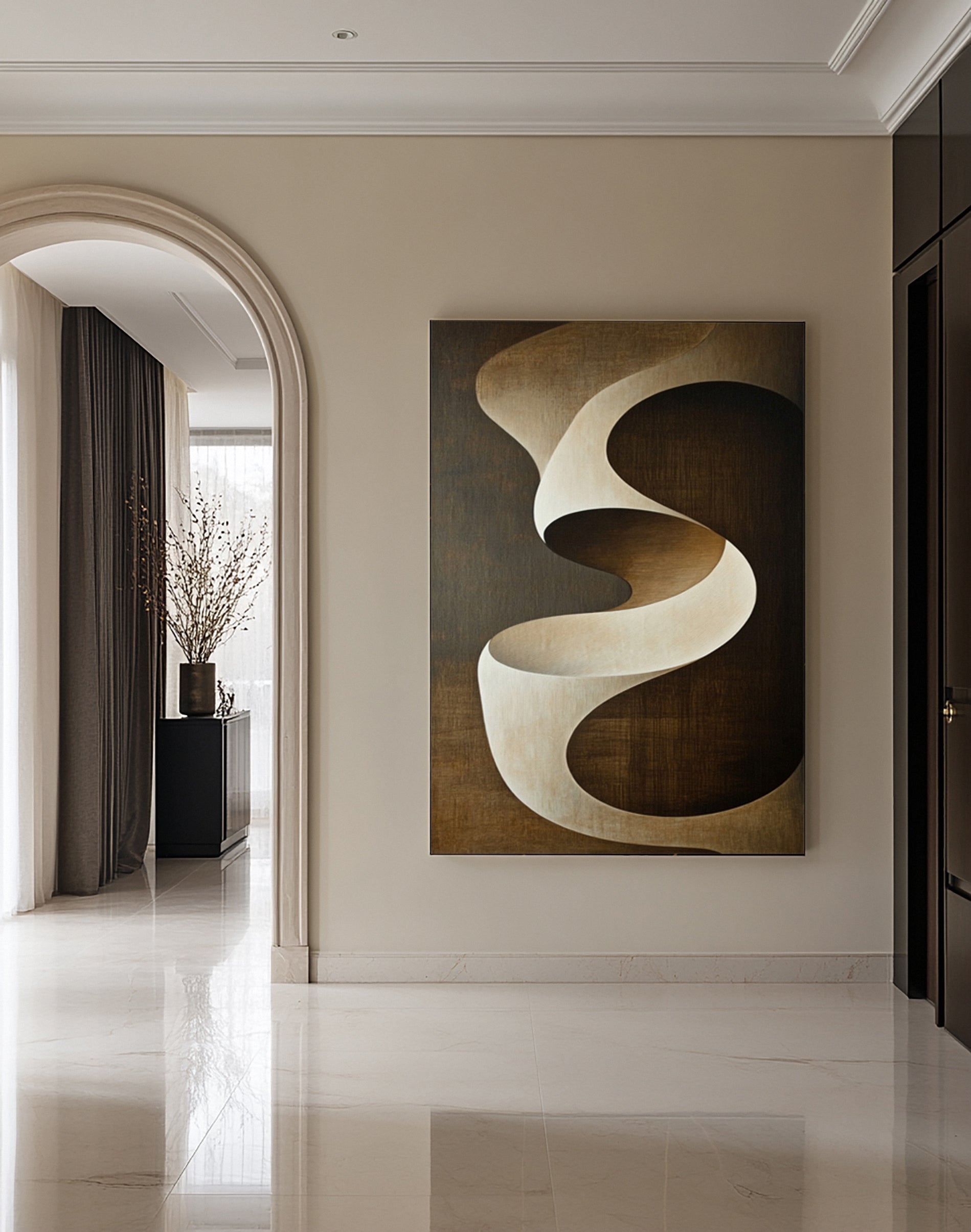 Quiet Motion: Minimalist Abstract with Gentle Brown Swirl #BGA 296