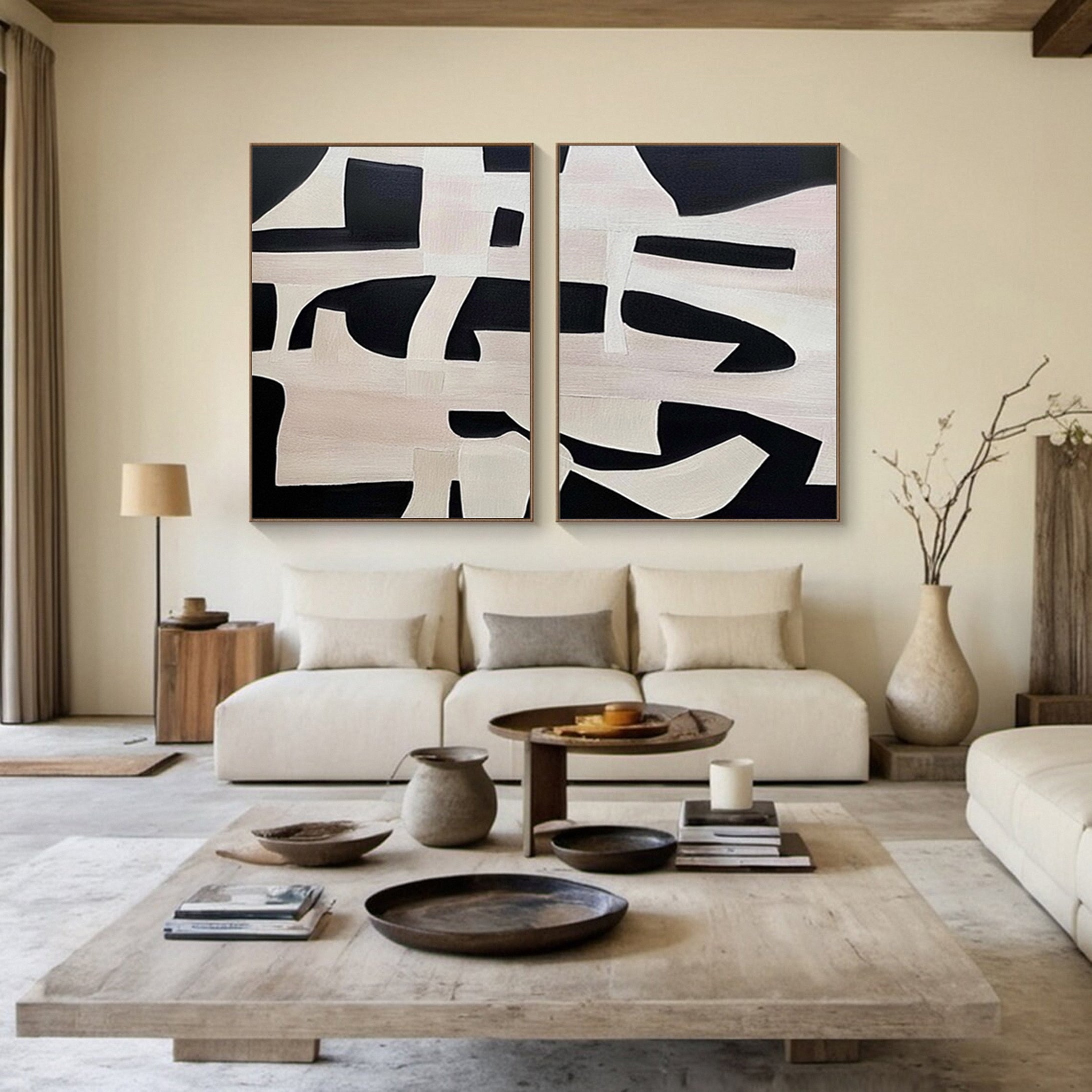 Monochrome Geometry Modern Art Canvas Set Of 2 #BWA 015