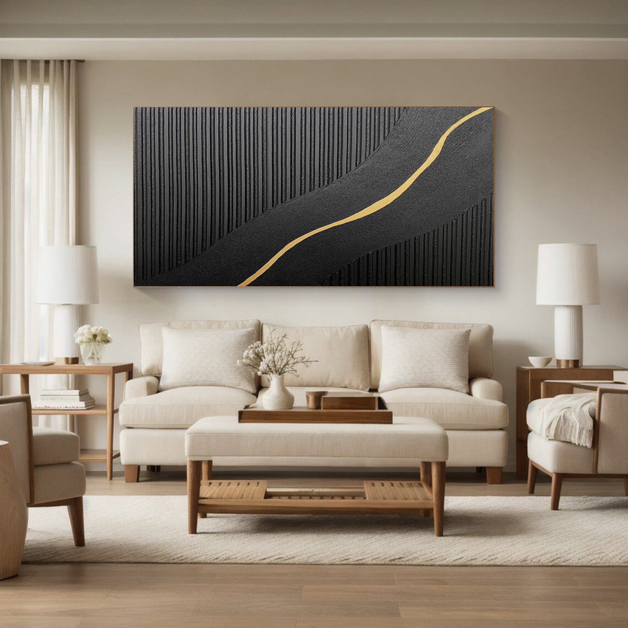Modern Abstract with Textured Black and Diagonal Gold Gleam #BGA 311