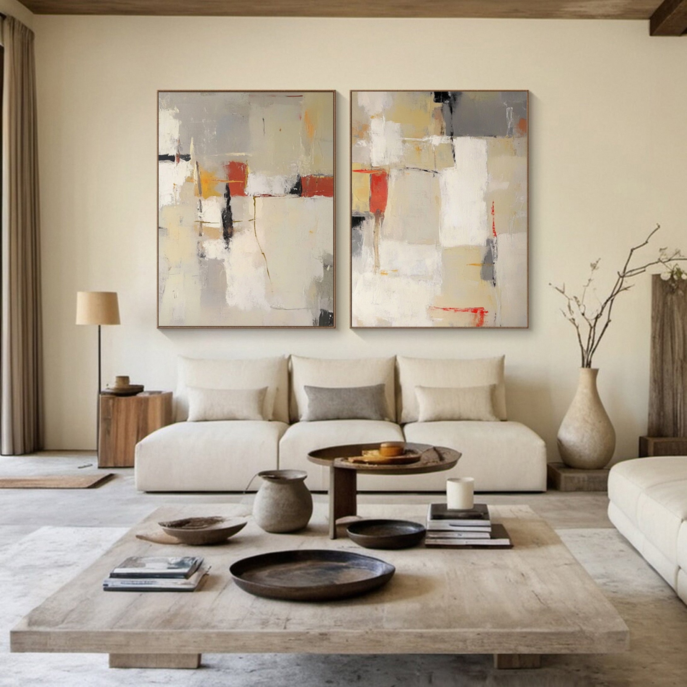 Neutral Palette Abstract Art with Vibrant Accents Canvas Set Of 2 #BBA 087