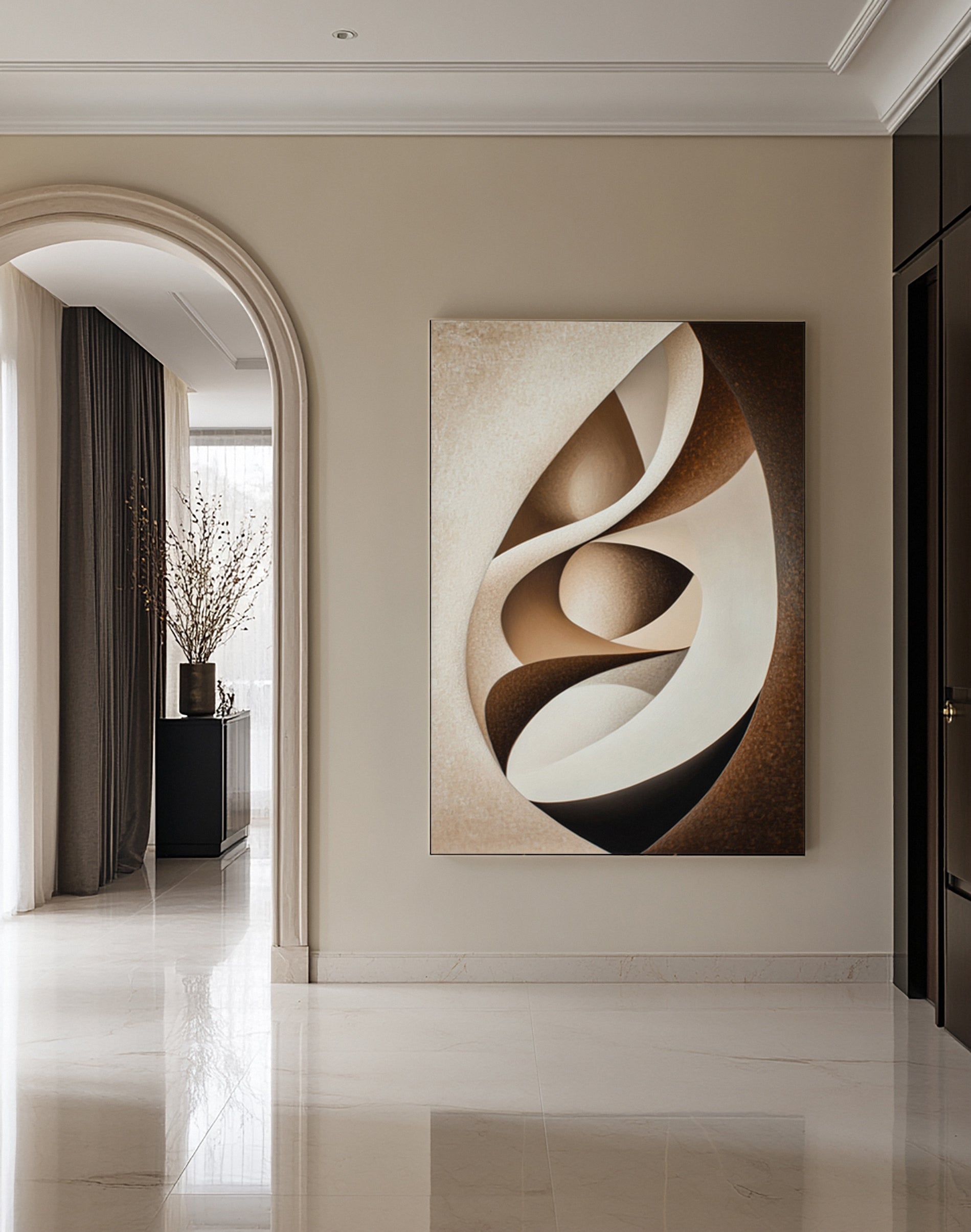 Abstract Canvas in Cream and Brown Interplay Within an Oval #BGA 299