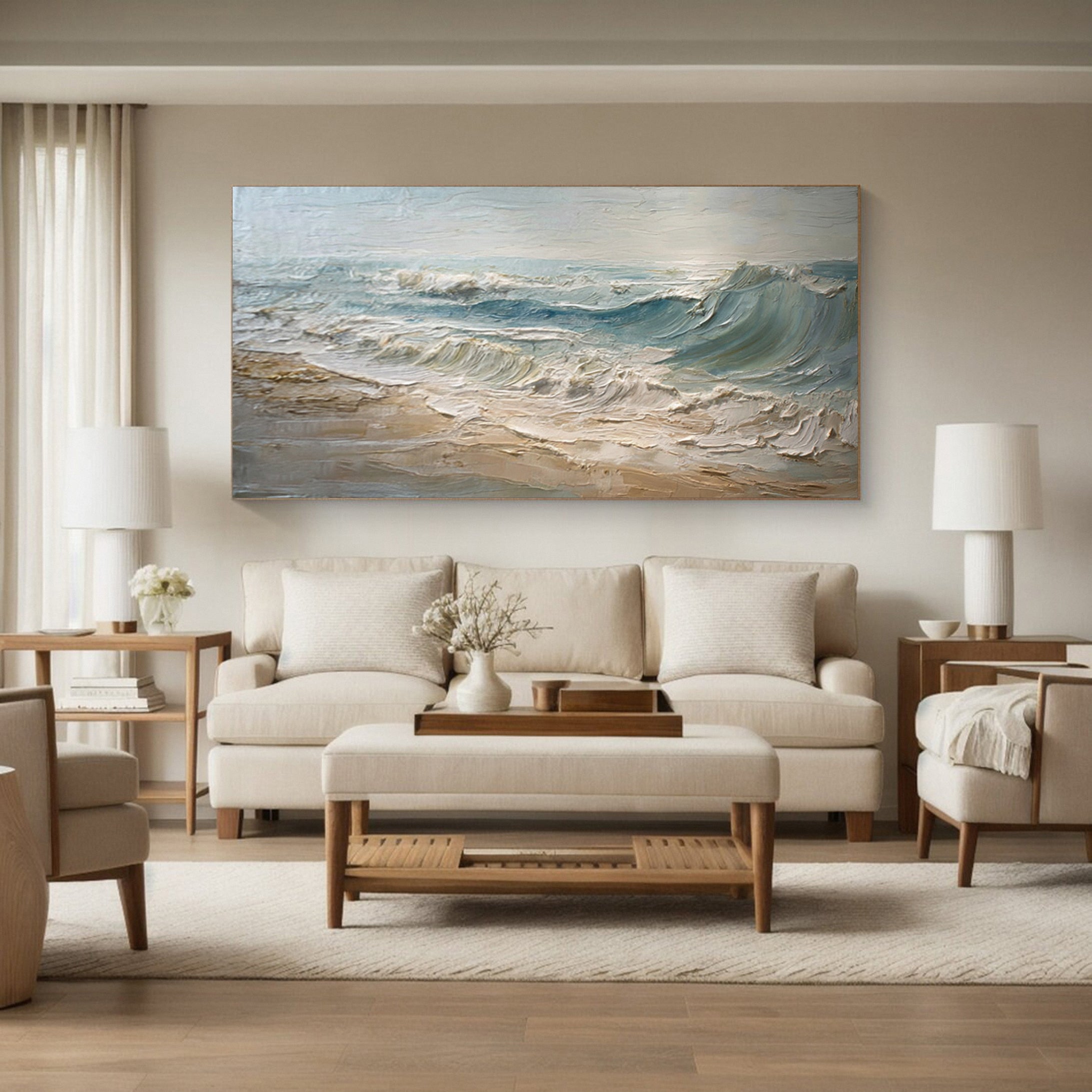 Textured Seascape Painting Blue White Sand Modern #WG 039