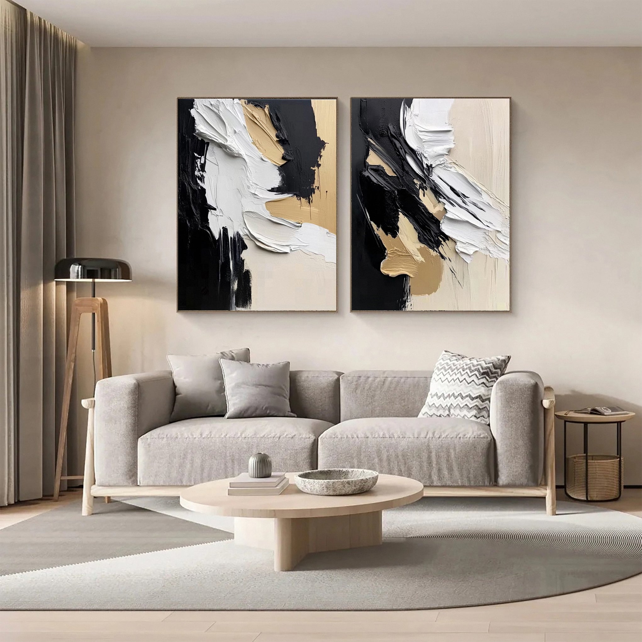Modern Art Canvas Bold Textures and Metallic Gold Accents Set Of 2 #BBS 027