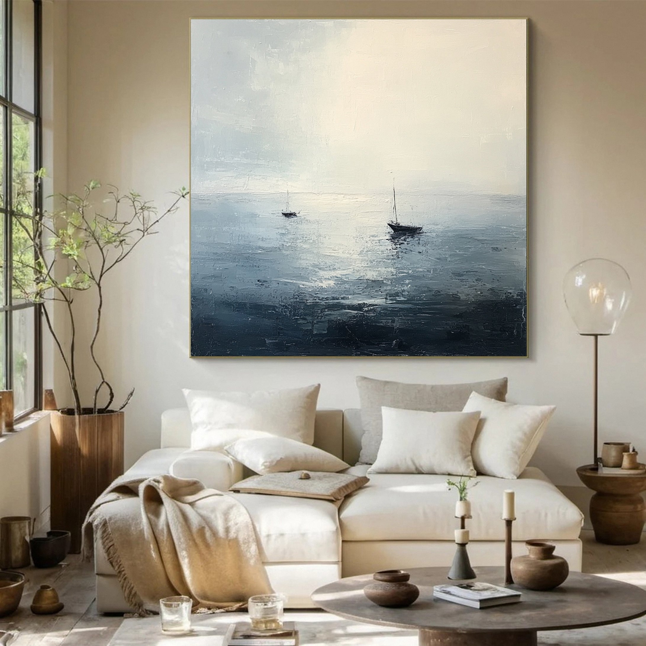 Peaceful Escape Serene Ocean with Distant Boats Canvas Art #OP 050