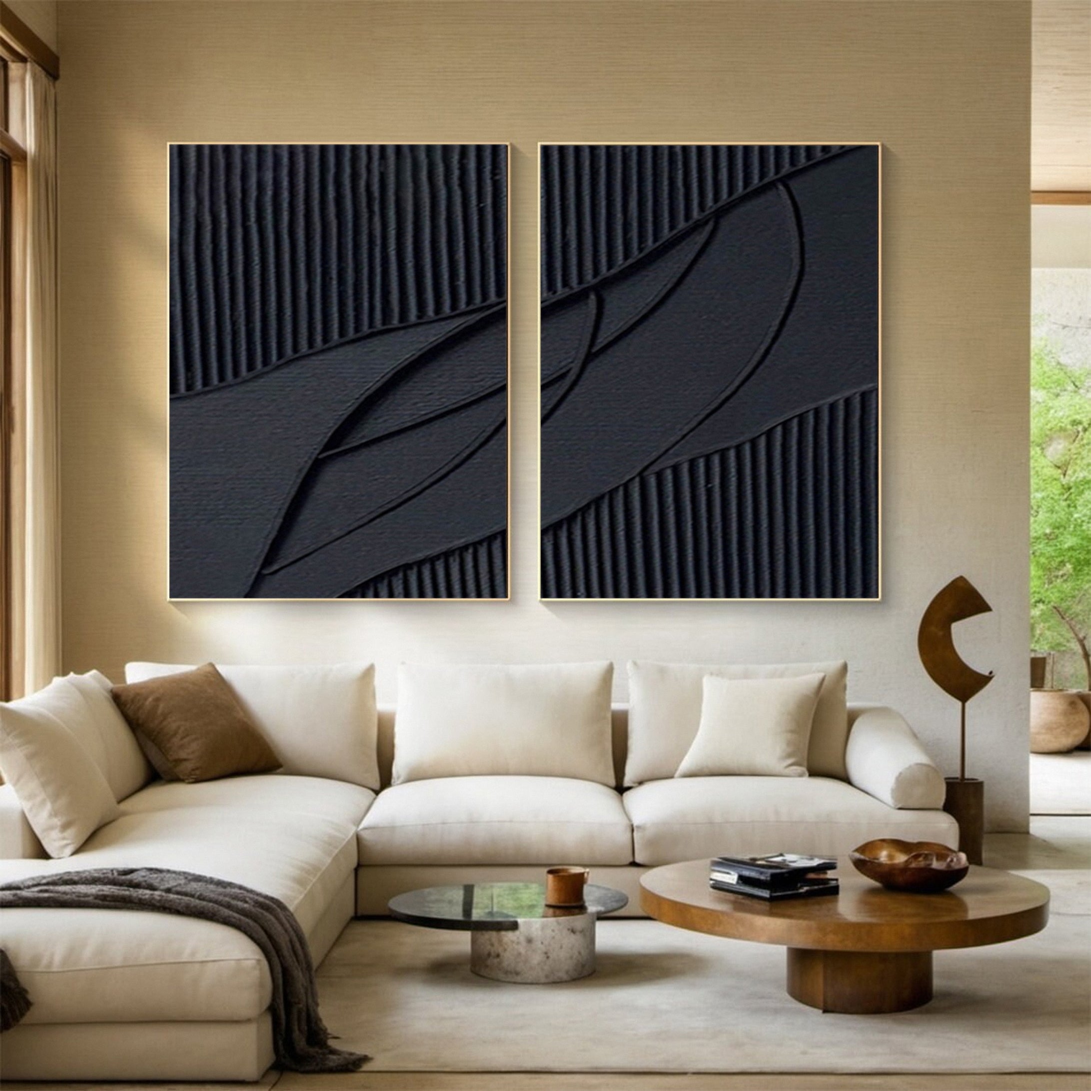 Monochrome Elegance Textured Black Abstract Wall Art Set Of 2 #BMS 009