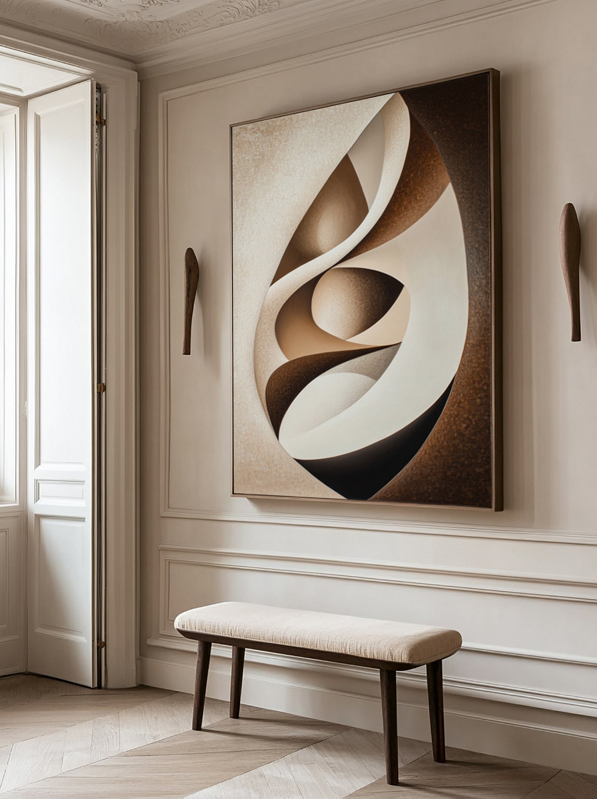 Abstract Canvas in Cream and Brown Interplay Within an Oval #BGA 299