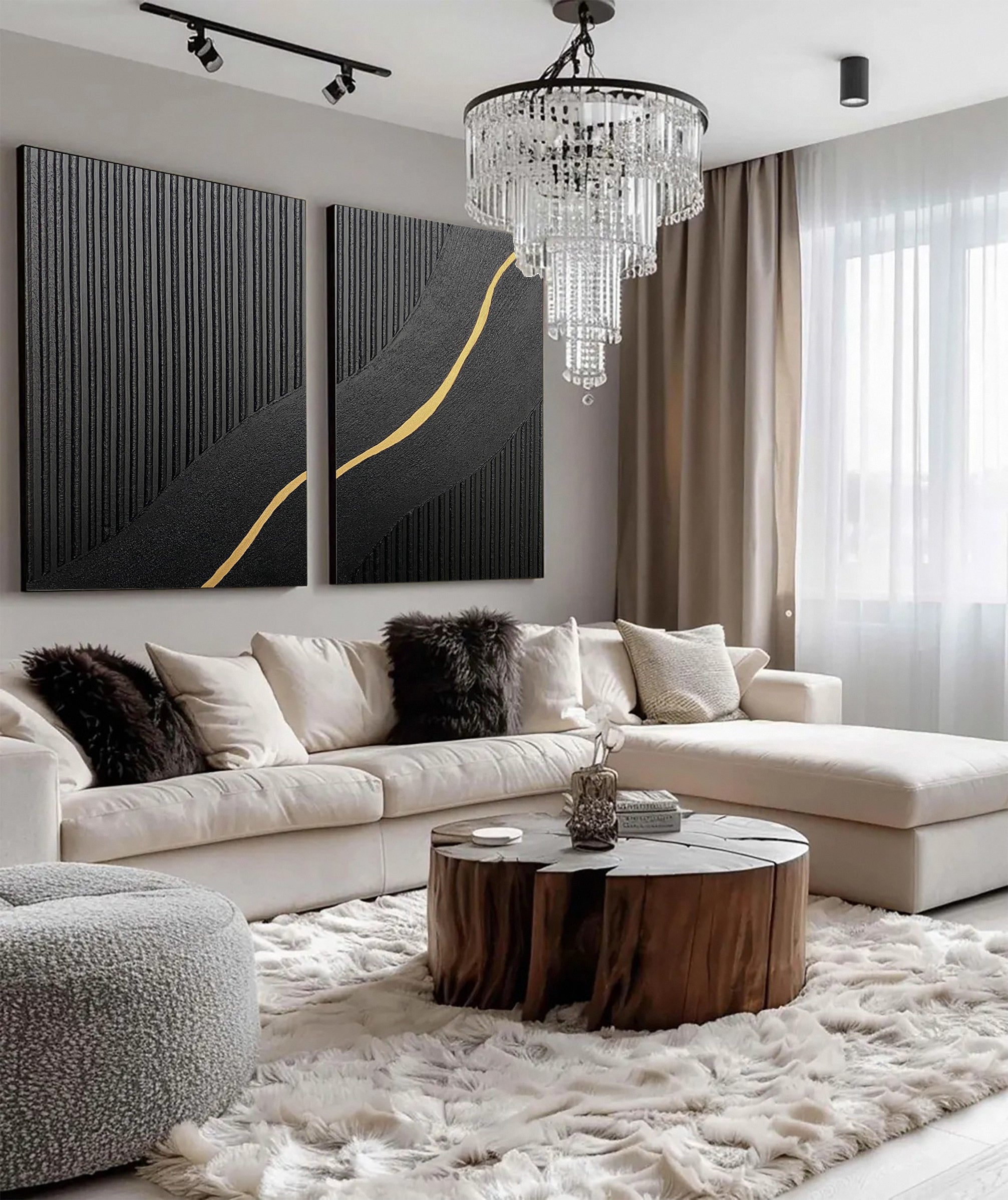 Textured Black Diptych with a Curving Gold Accent Unfurling #BGA 312