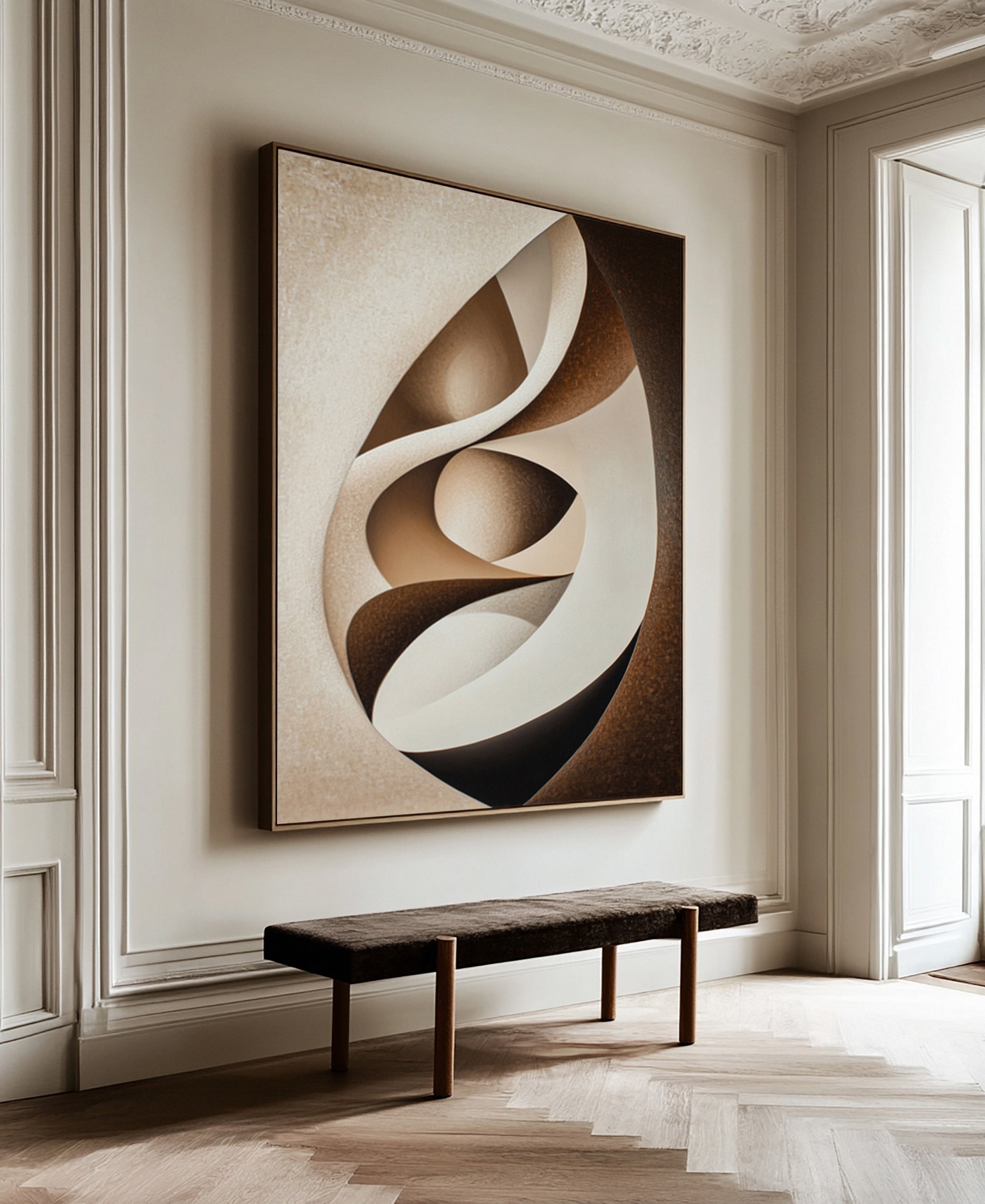 Abstract Canvas in Cream and Brown Interplay Within an Oval #BGA 299