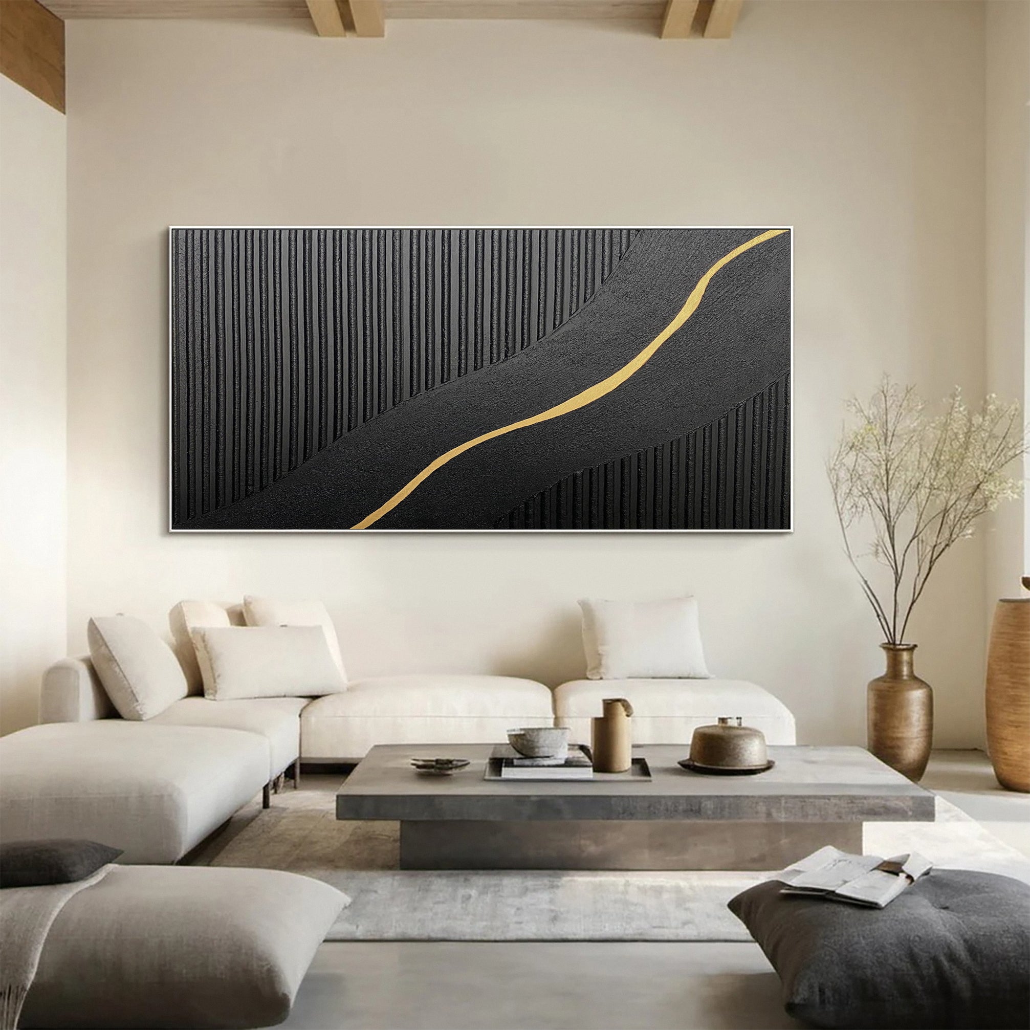 Modern Abstract with Textured Black and Diagonal Gold Gleam #BGA 311