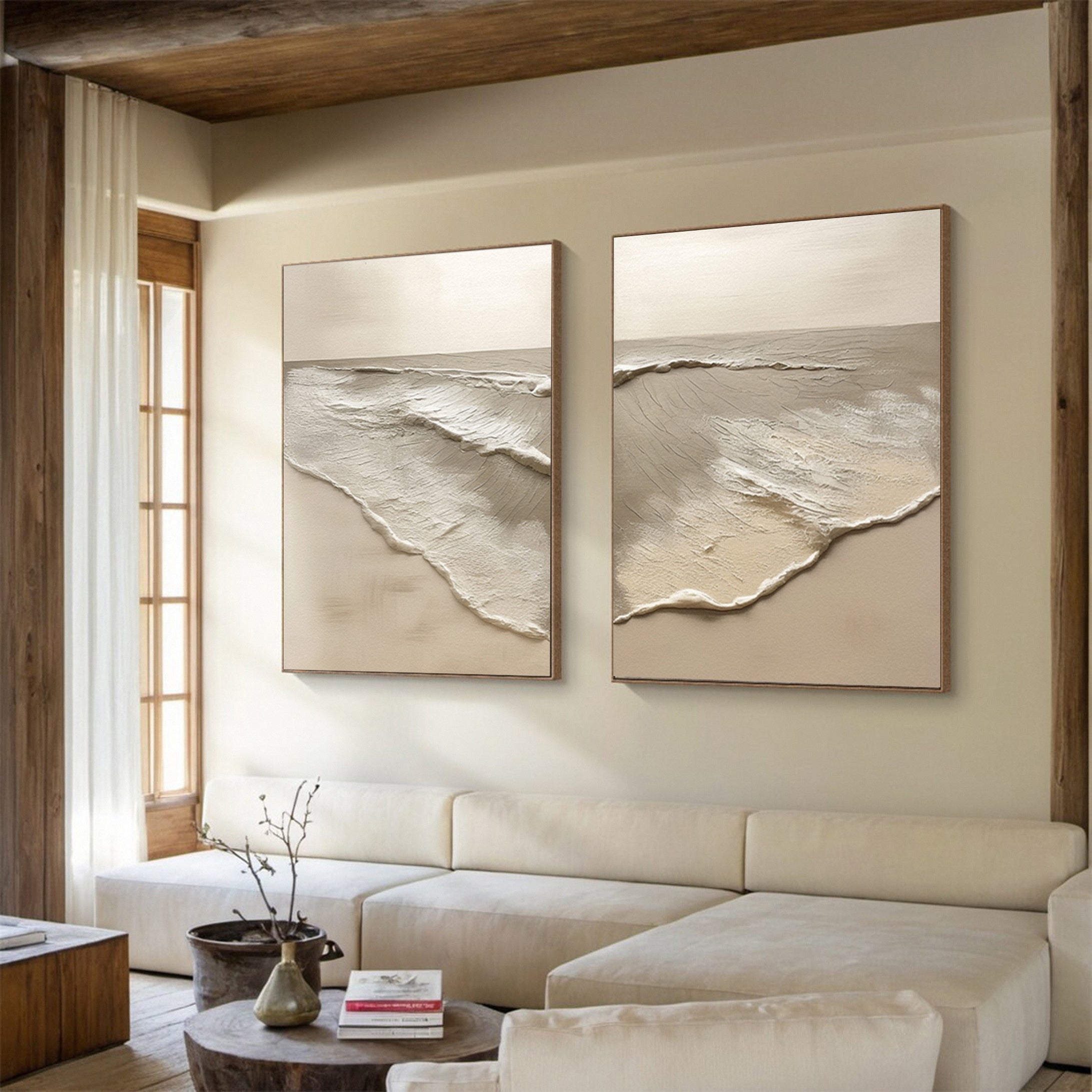 Minimalist Neutral Beach Diptych with Tactile Coastal Forms #BGA 304