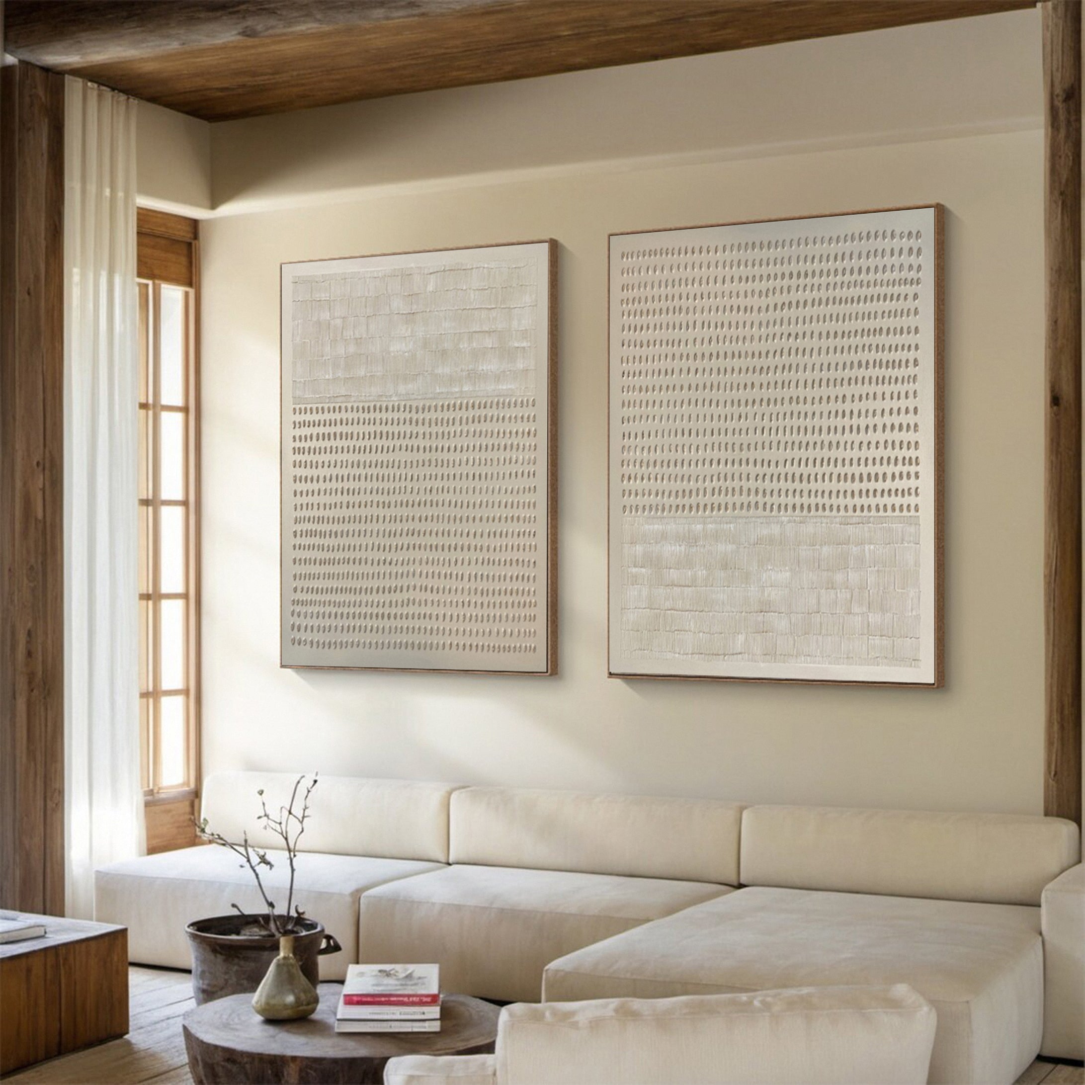 Abstract Neutral Diptych with Repeated Tactile Strokes #BGA 293