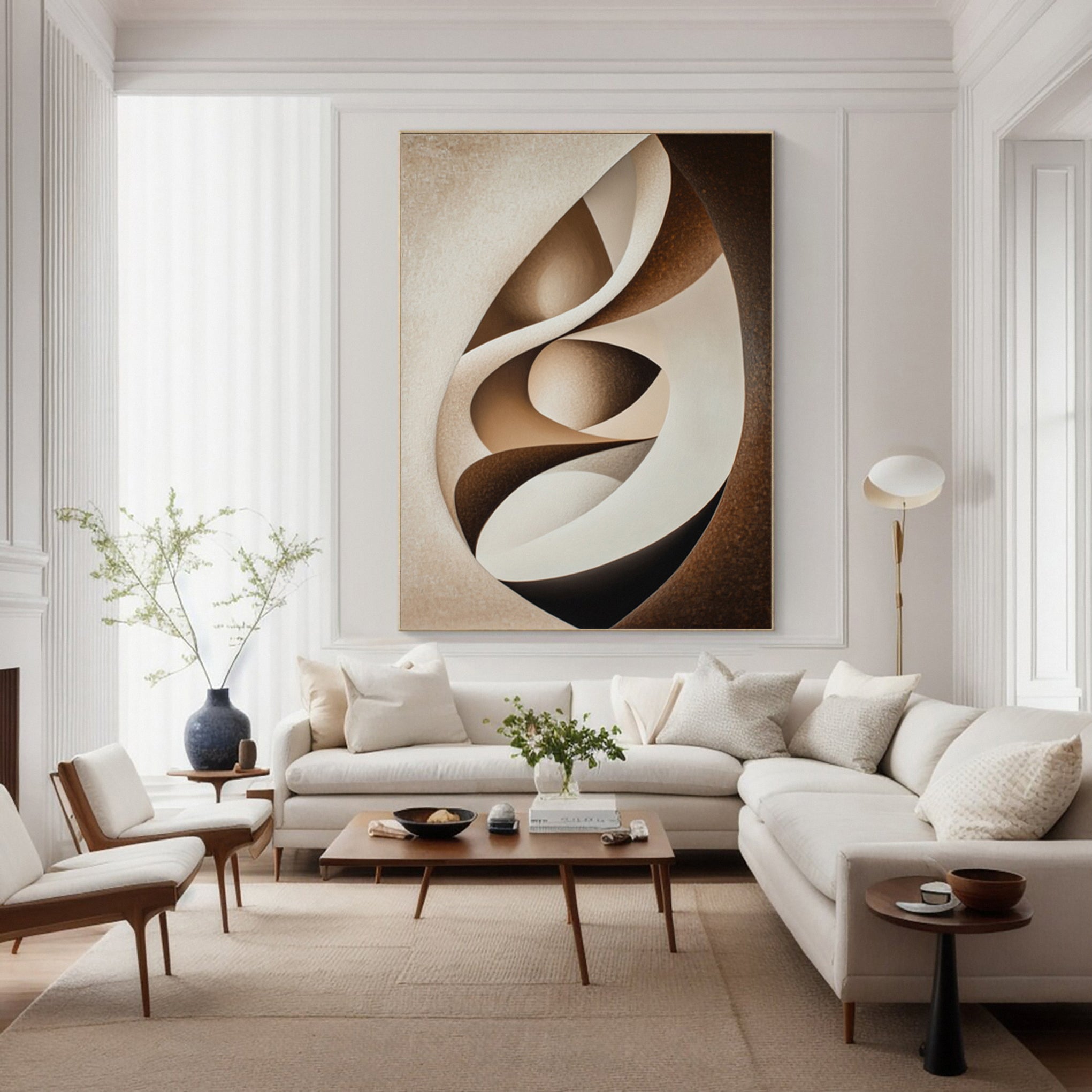 Abstract Canvas in Cream and Brown Interplay Within an Oval #BGA 299
