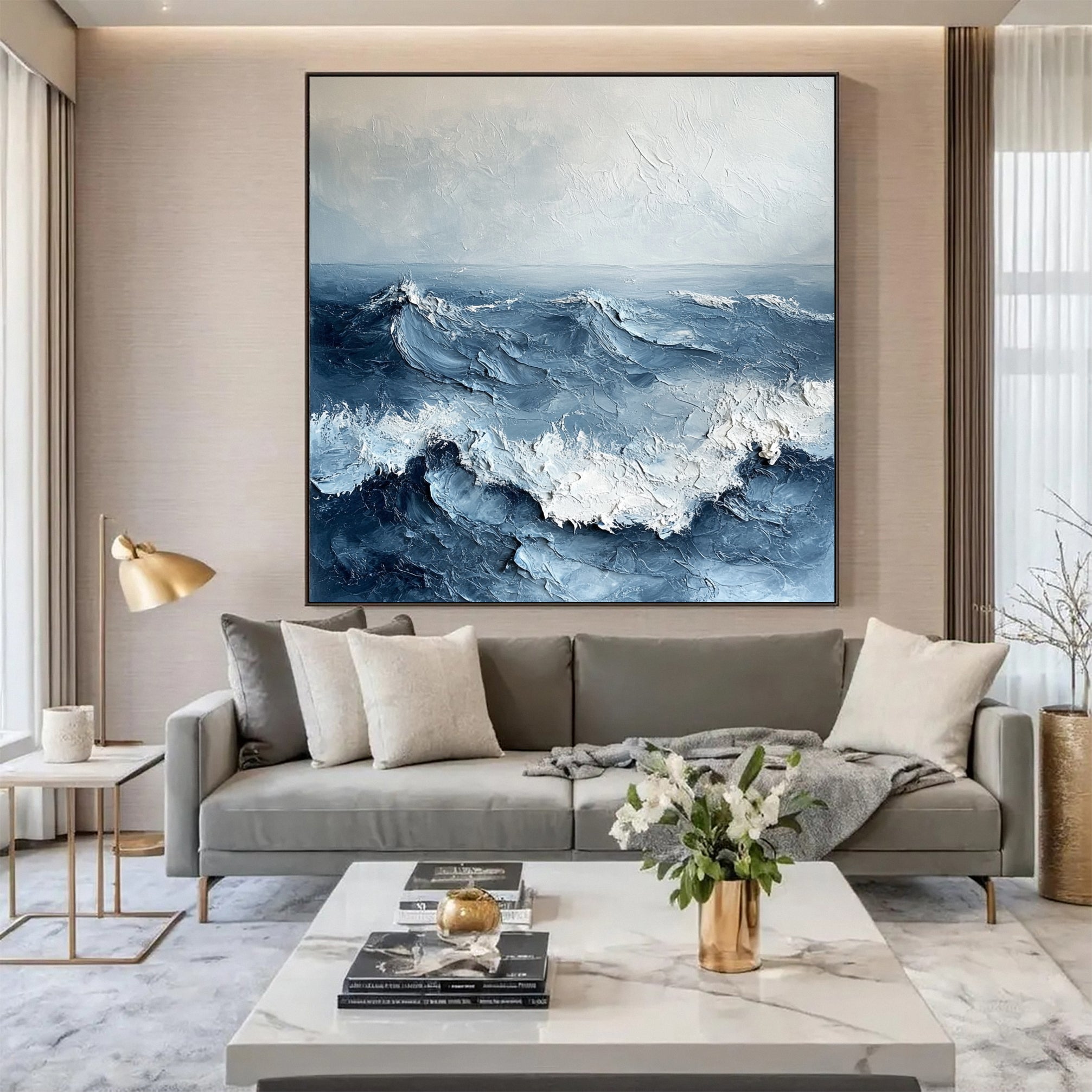 Luxury Ocean Wave Art with 3D Textured Finish for Upscale Homes #OP 036