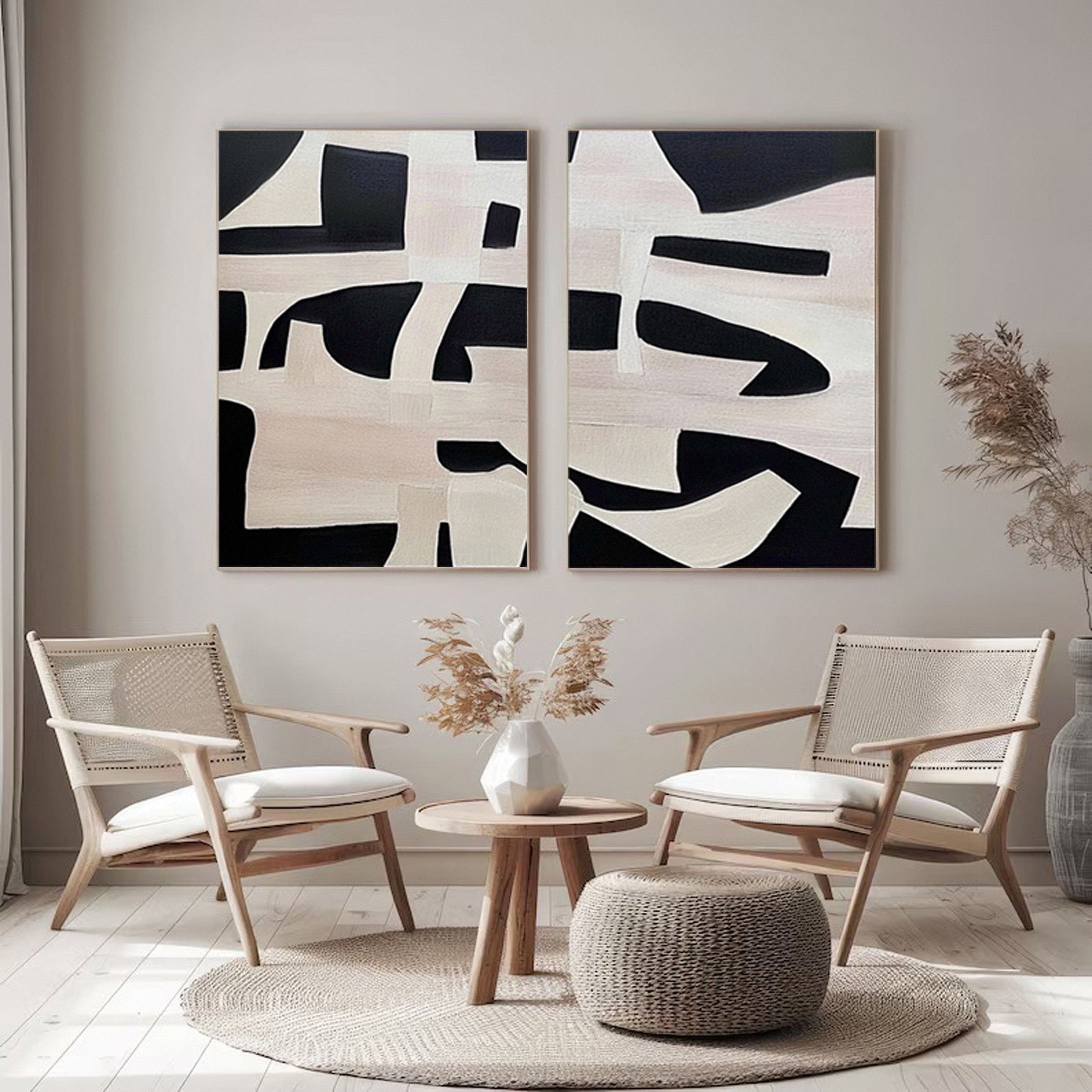 Monochrome Geometry Modern Art Canvas Set Of 2 #BWA 015