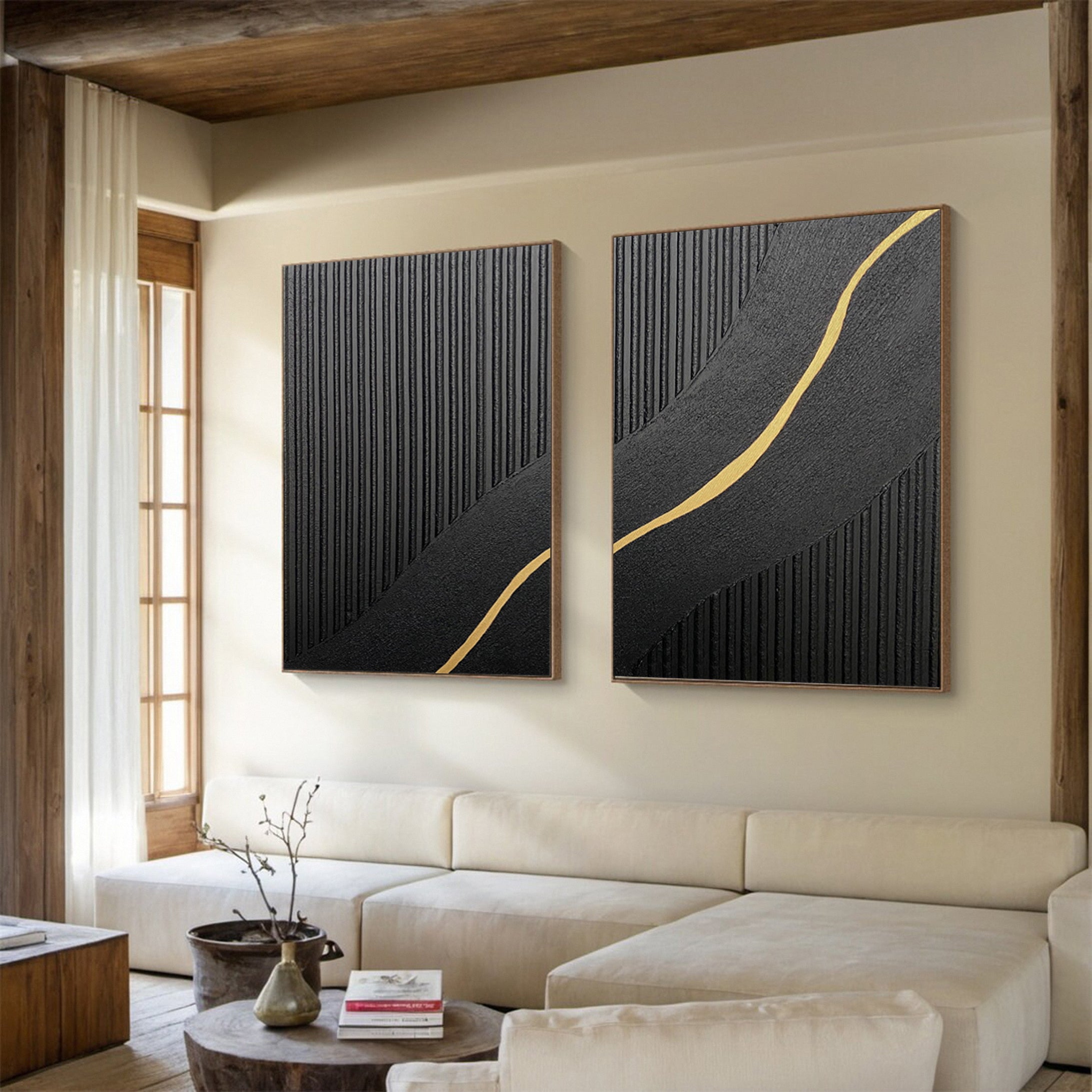 Textured Black Diptych with a Curving Gold Accent Unfurling #BGA 312