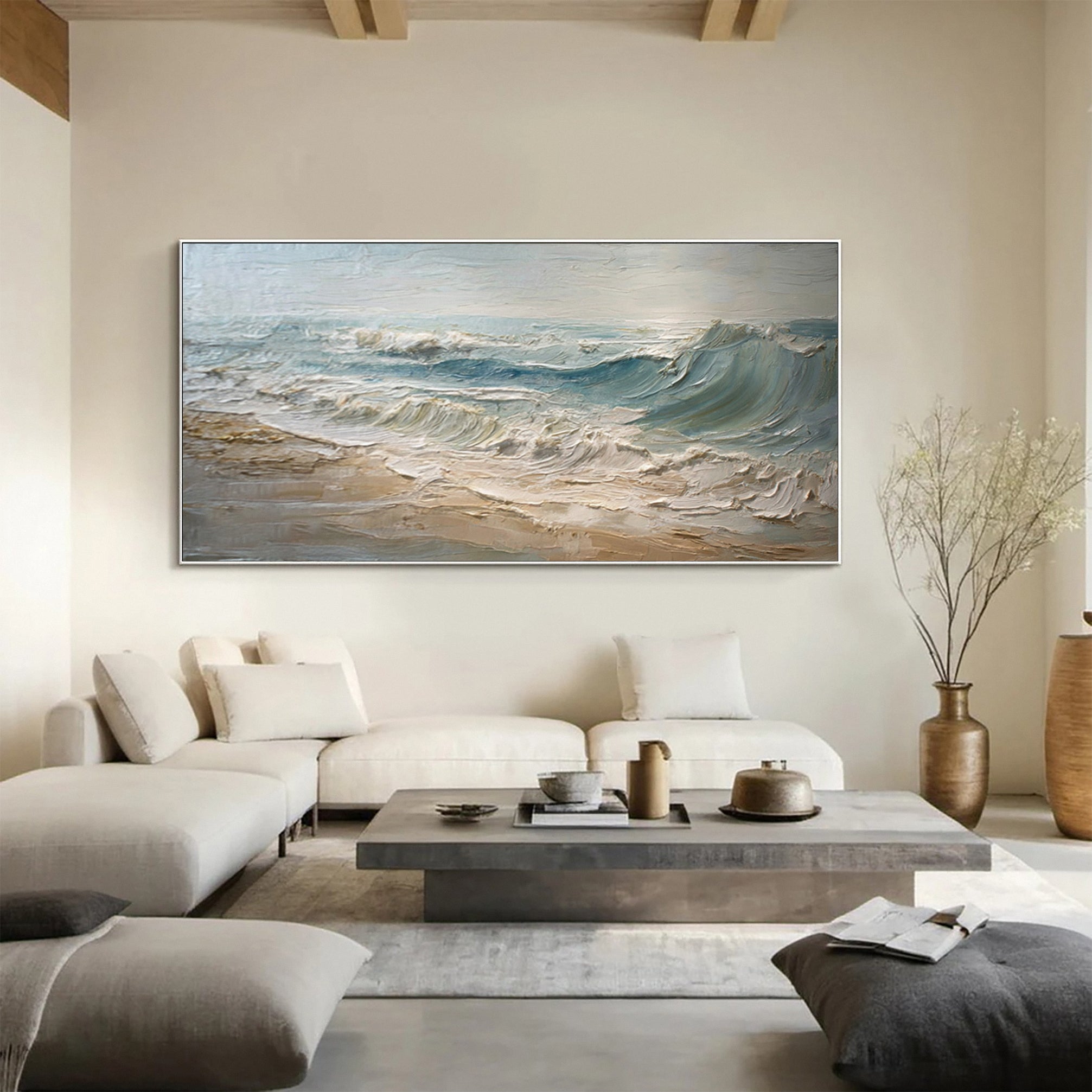Textured Seascape Painting Blue White Sand Modern #WG 039