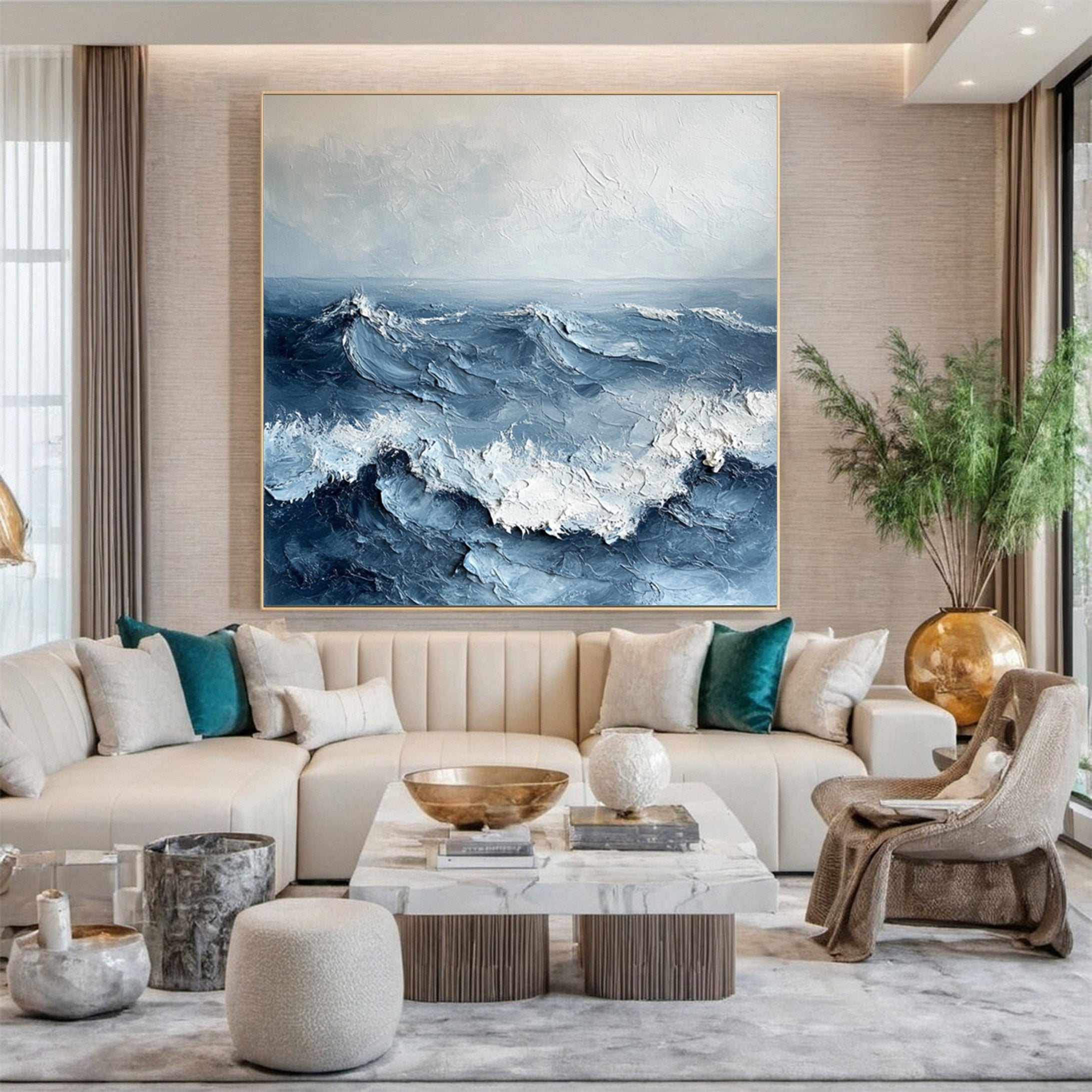 Luxury Ocean Wave Art with 3D Textured Finish for Upscale Homes #OP 036