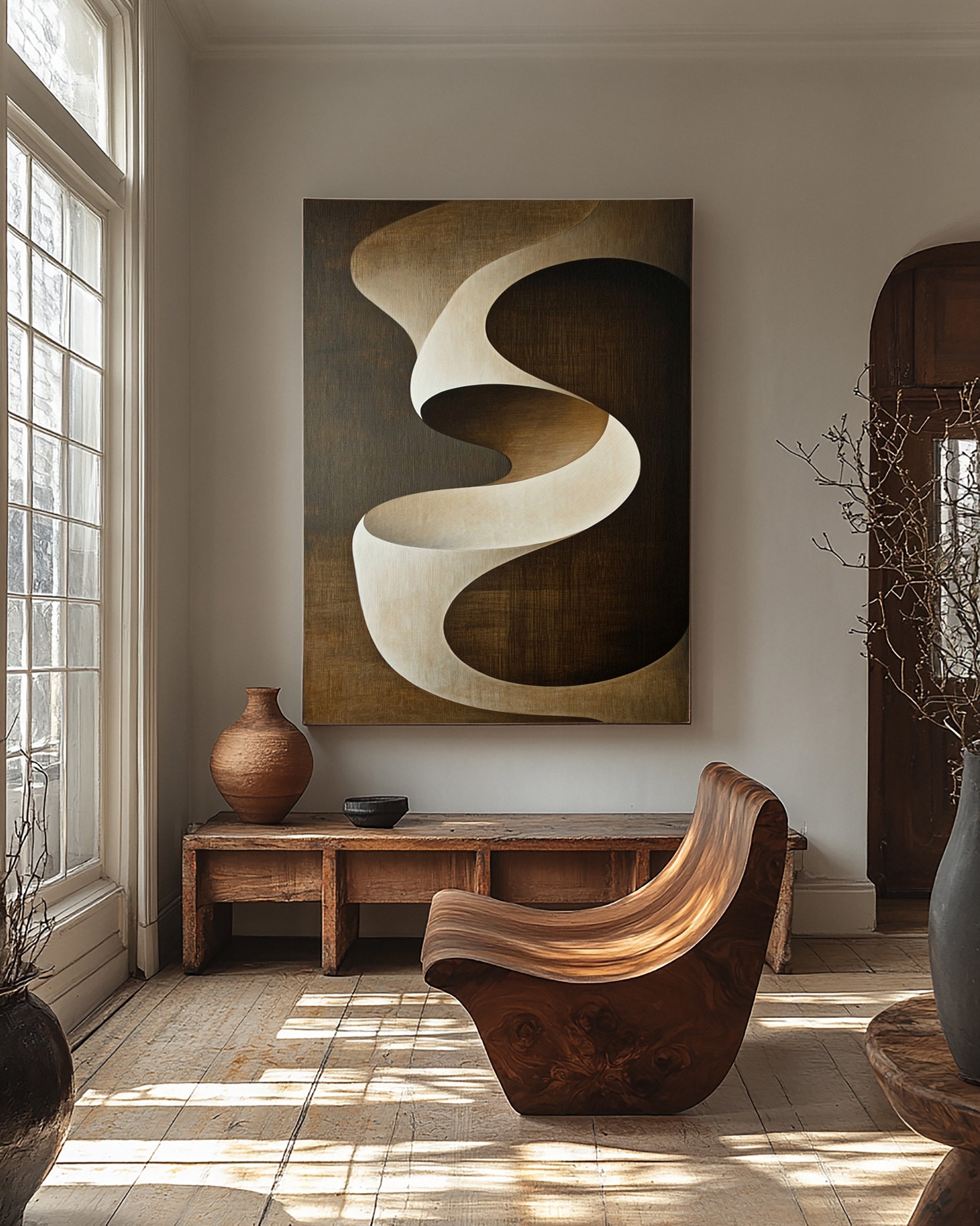 Quiet Motion: Minimalist Abstract with Gentle Brown Swirl #BGA 296
