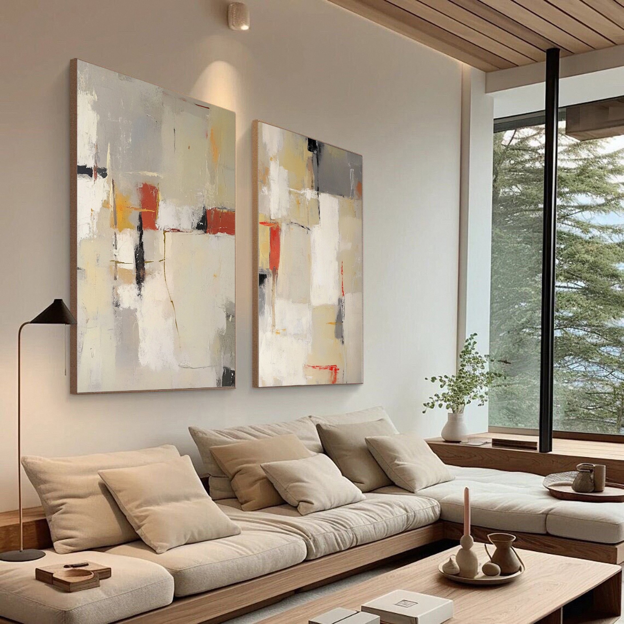 Neutral Palette Abstract Art with Vibrant Accents Canvas Set Of 2 #BBA 087