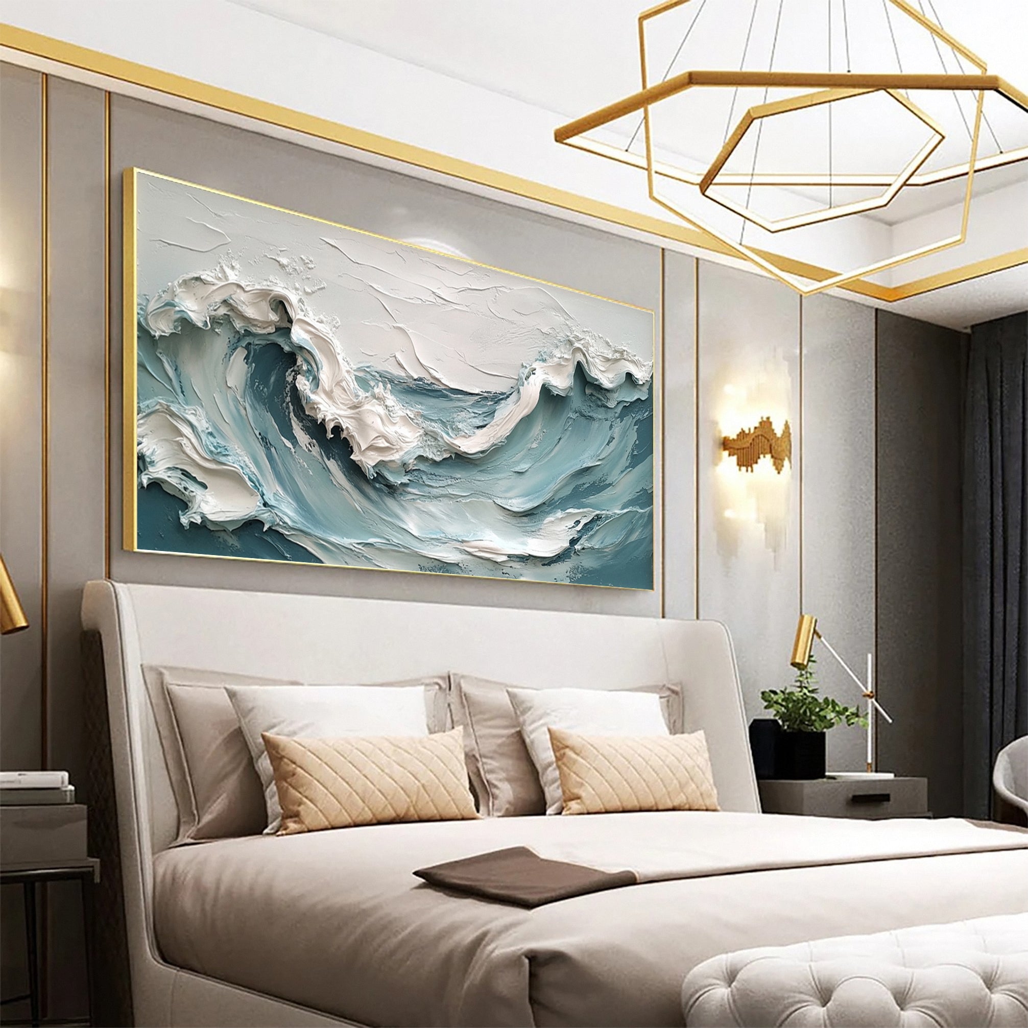 Marine Elegance Luxurious Blue Waves Oil Canvas for Modern Interiors #OP 010