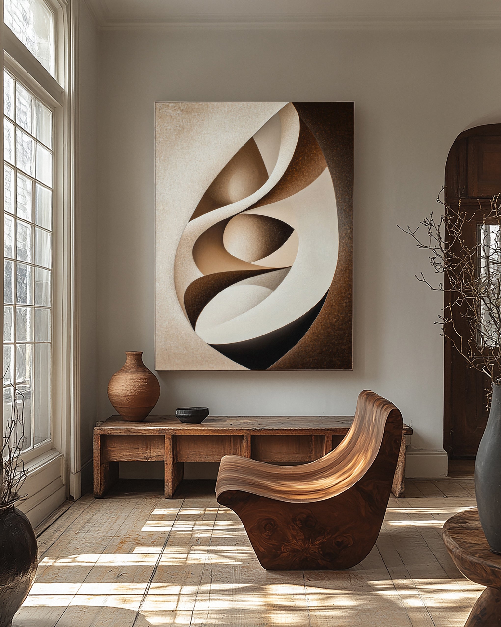 Abstract Canvas in Cream and Brown Interplay Within an Oval #BGA 299