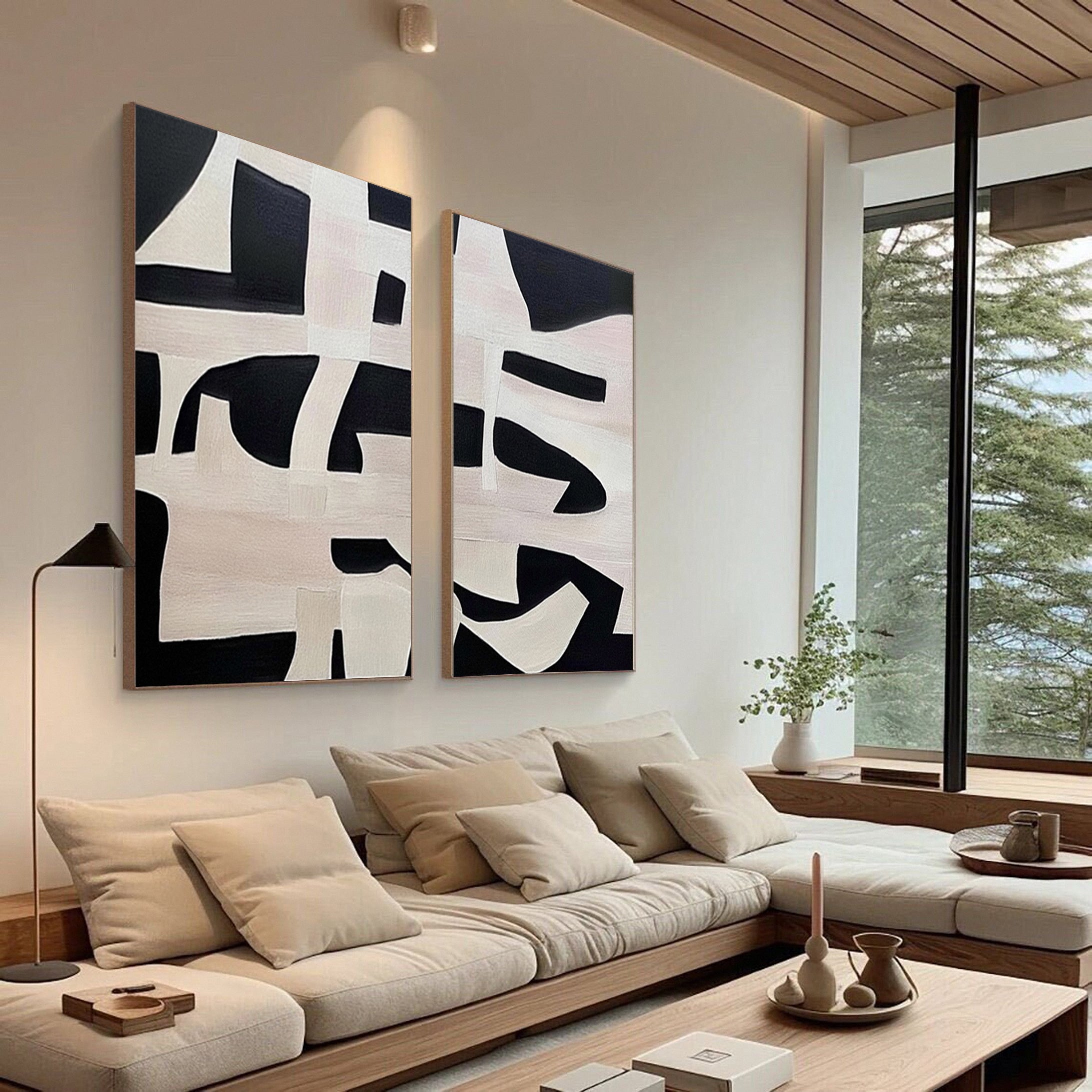 Monochrome Geometry Modern Art Canvas Set Of 2 #BWA 015