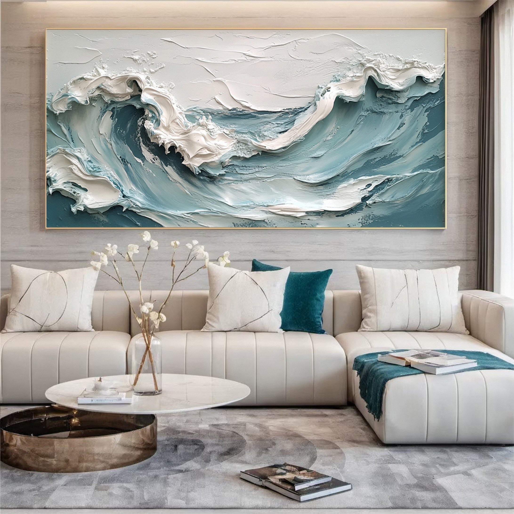 Marine Elegance Luxurious Blue Waves Oil Canvas for Modern Interiors #OP 010