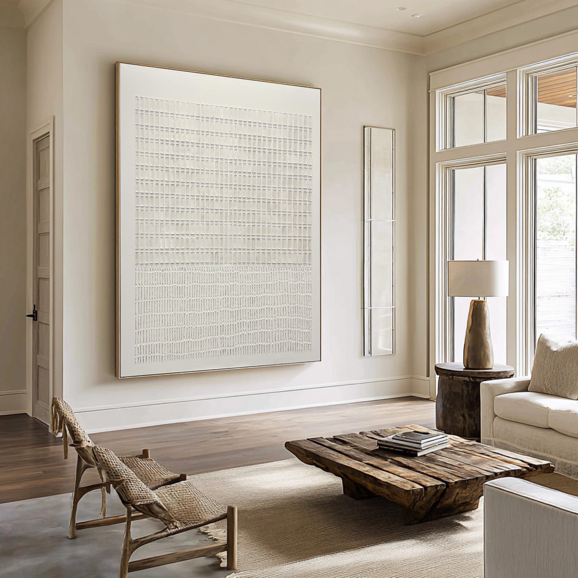 Large Modern Abstract Oil Painting, Beige Textured Grid Luxury Wall Art for Living Room #WAC 024