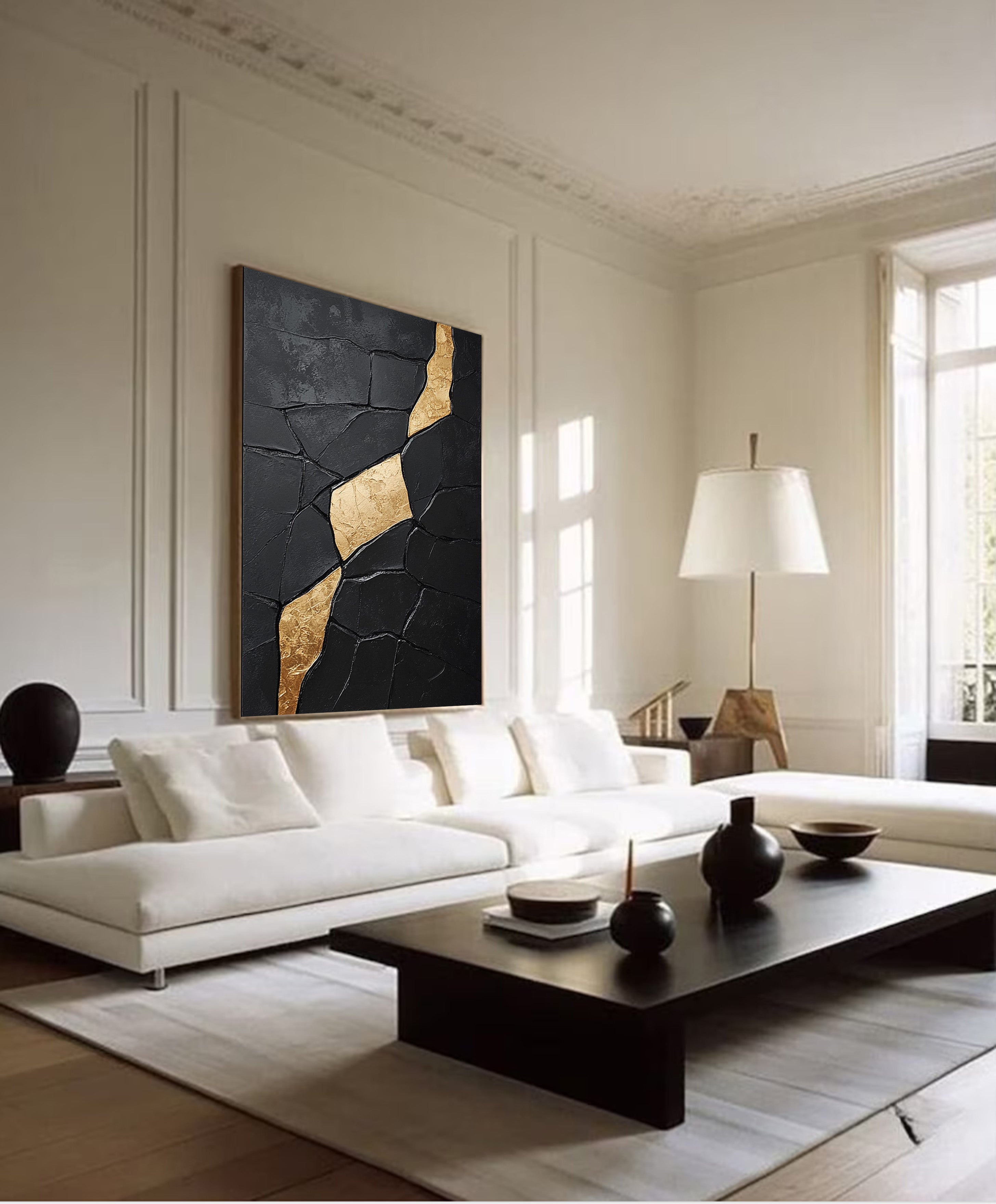Contemporary Black Impasto with Diagonal Flowing Organic Gold #BGA 274