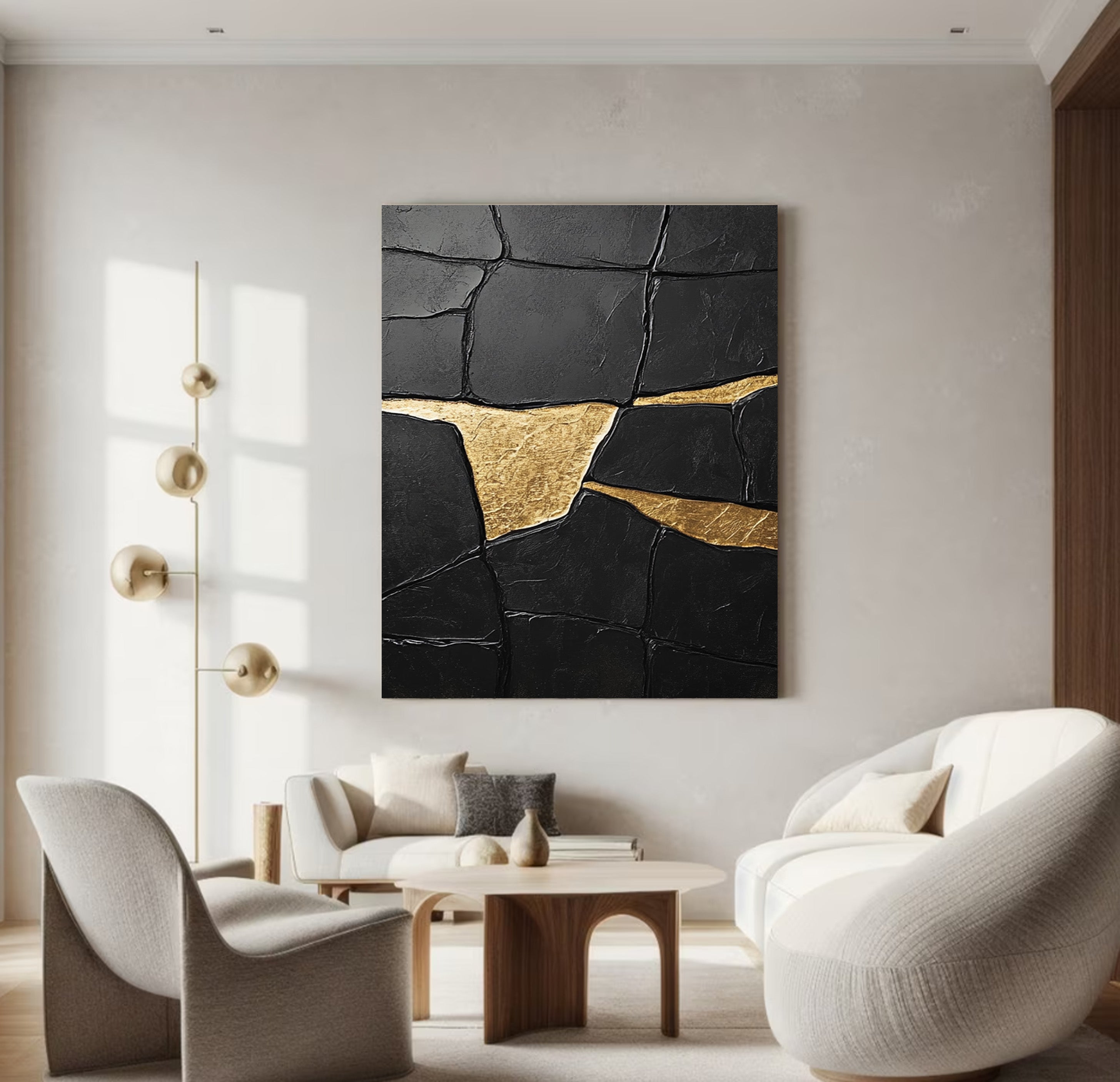 Black Impasto Art with Bold Golden Fractures, Textured Abstract #BGA 267