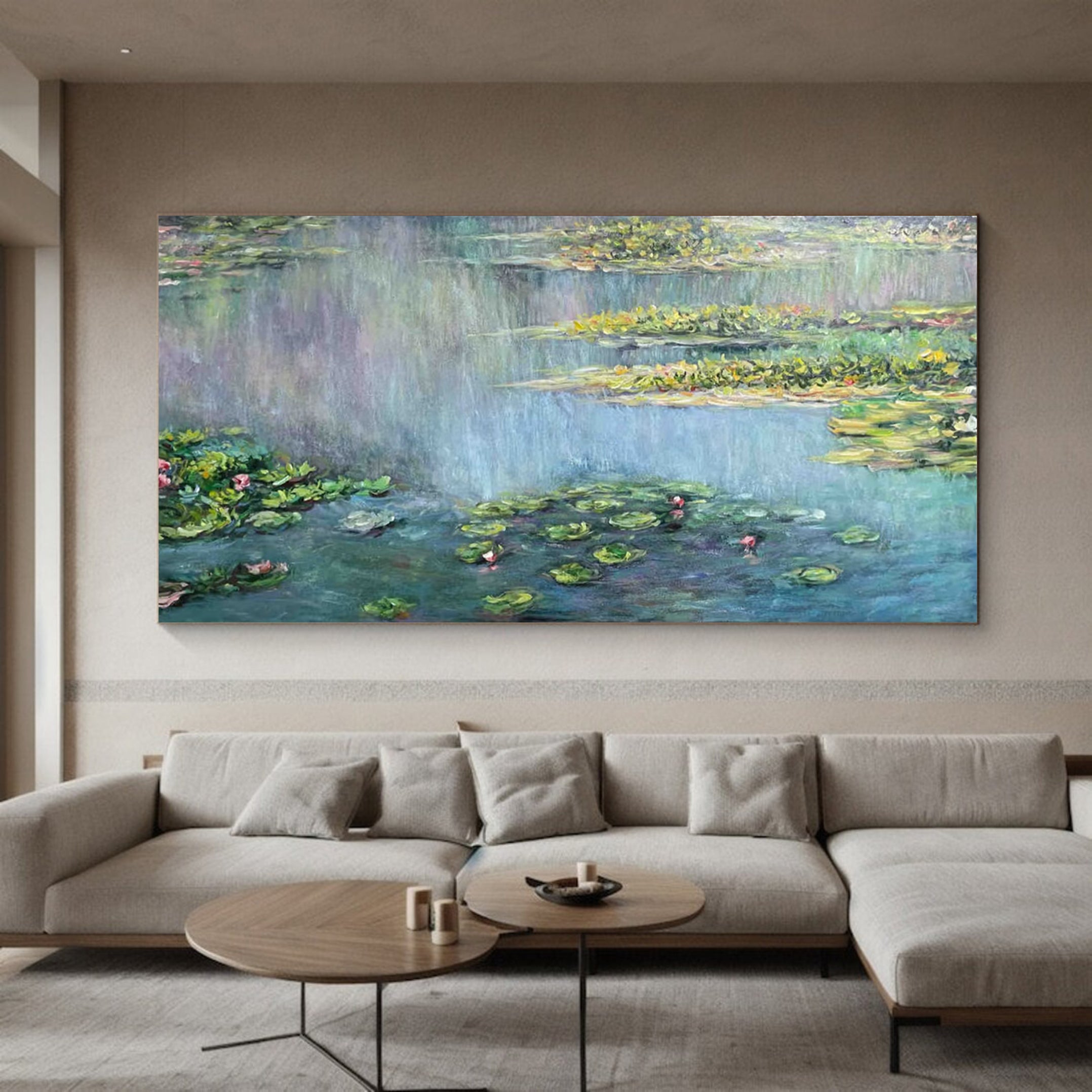 Monet Inspired Water Lilies, Horizontal Impressionist Wall Art #BGA 170