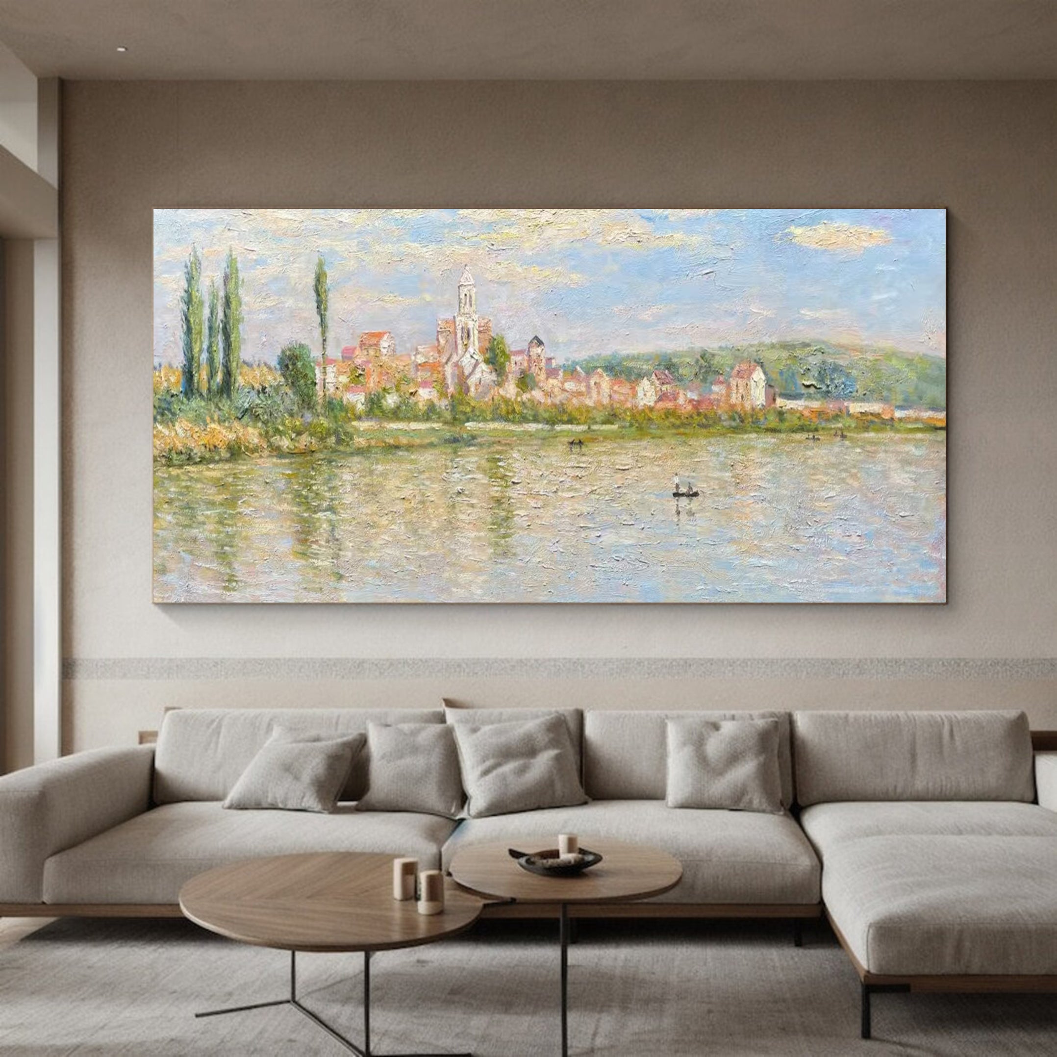 Monet Style Vétheuil, Impressionist River Landscape #BGA 171