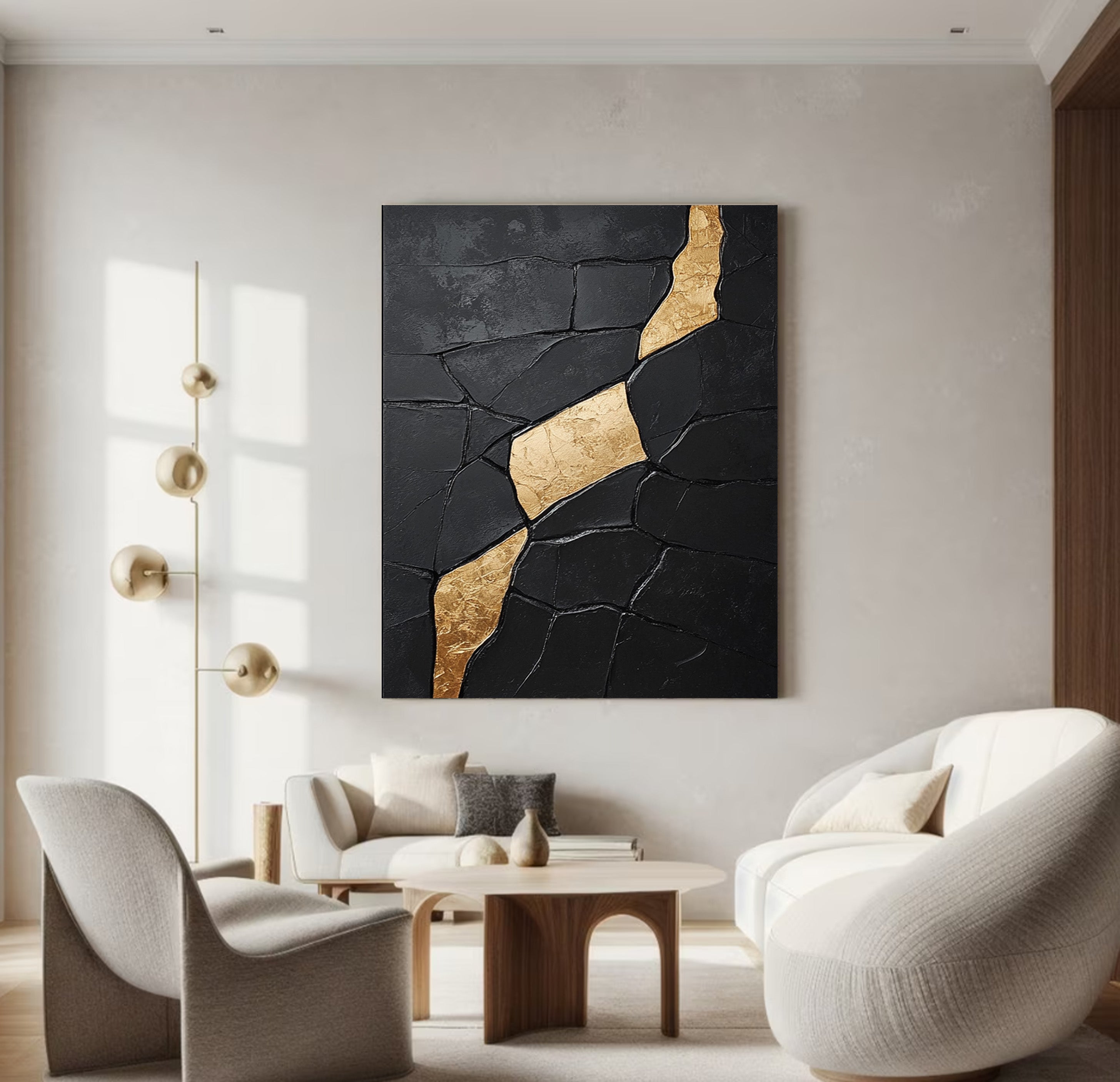 Contemporary Black Impasto with Diagonal Flowing Organic Gold #BGA 274