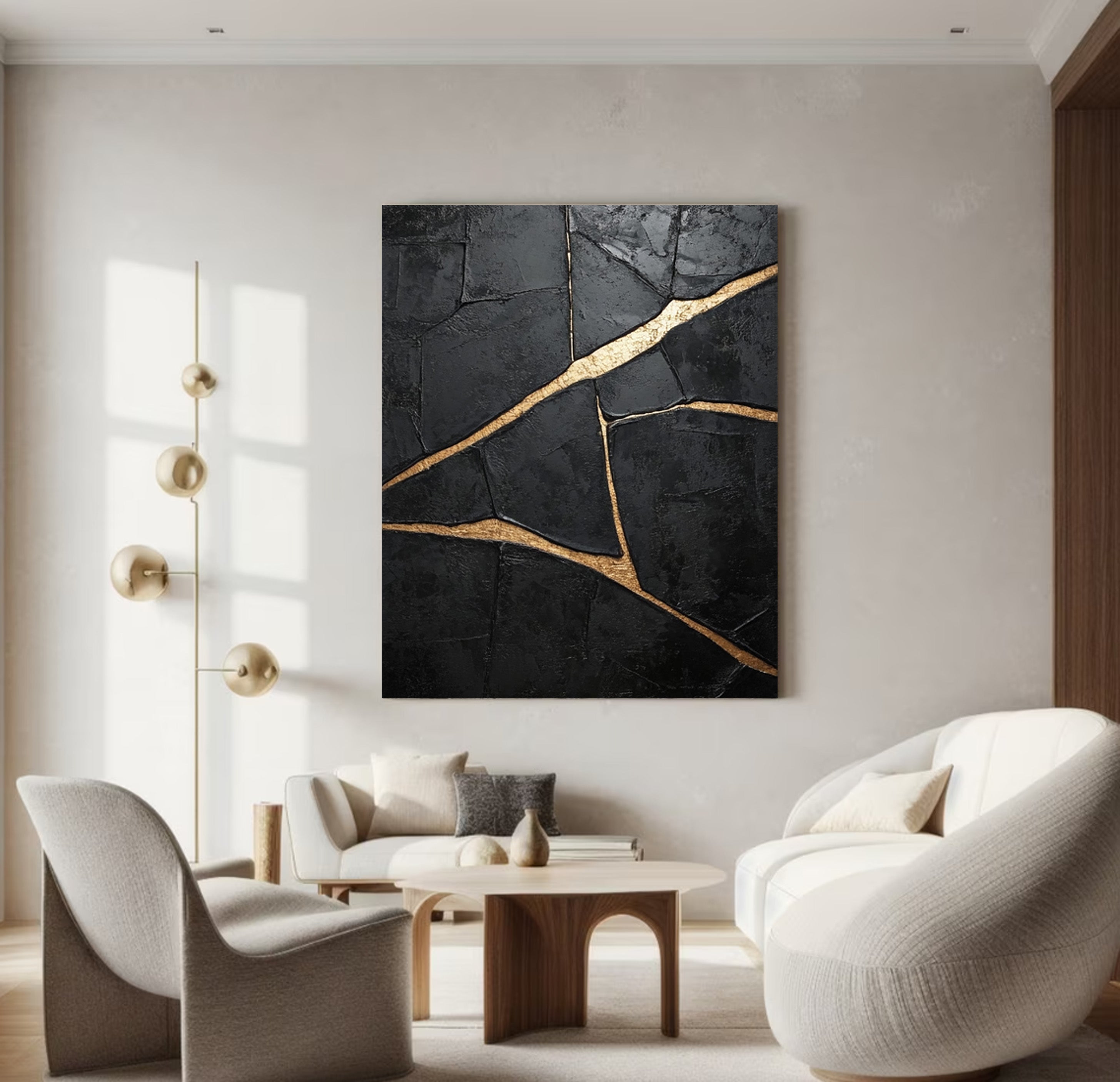 Deeply Textured Black with Bold Gold Trails, Modern Abstract #BGA 265