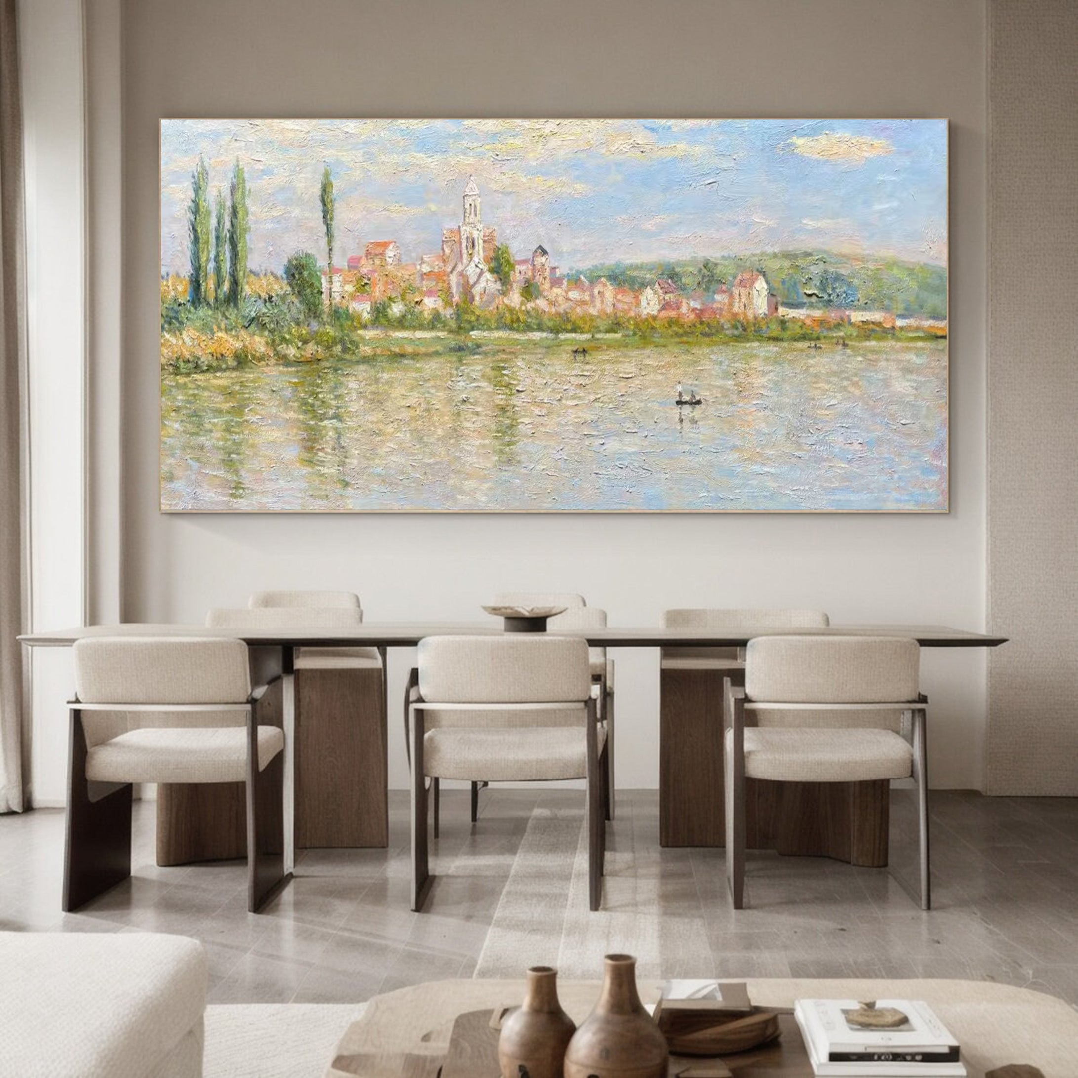 Monet Style Vétheuil, Impressionist River Landscape #BGA 171