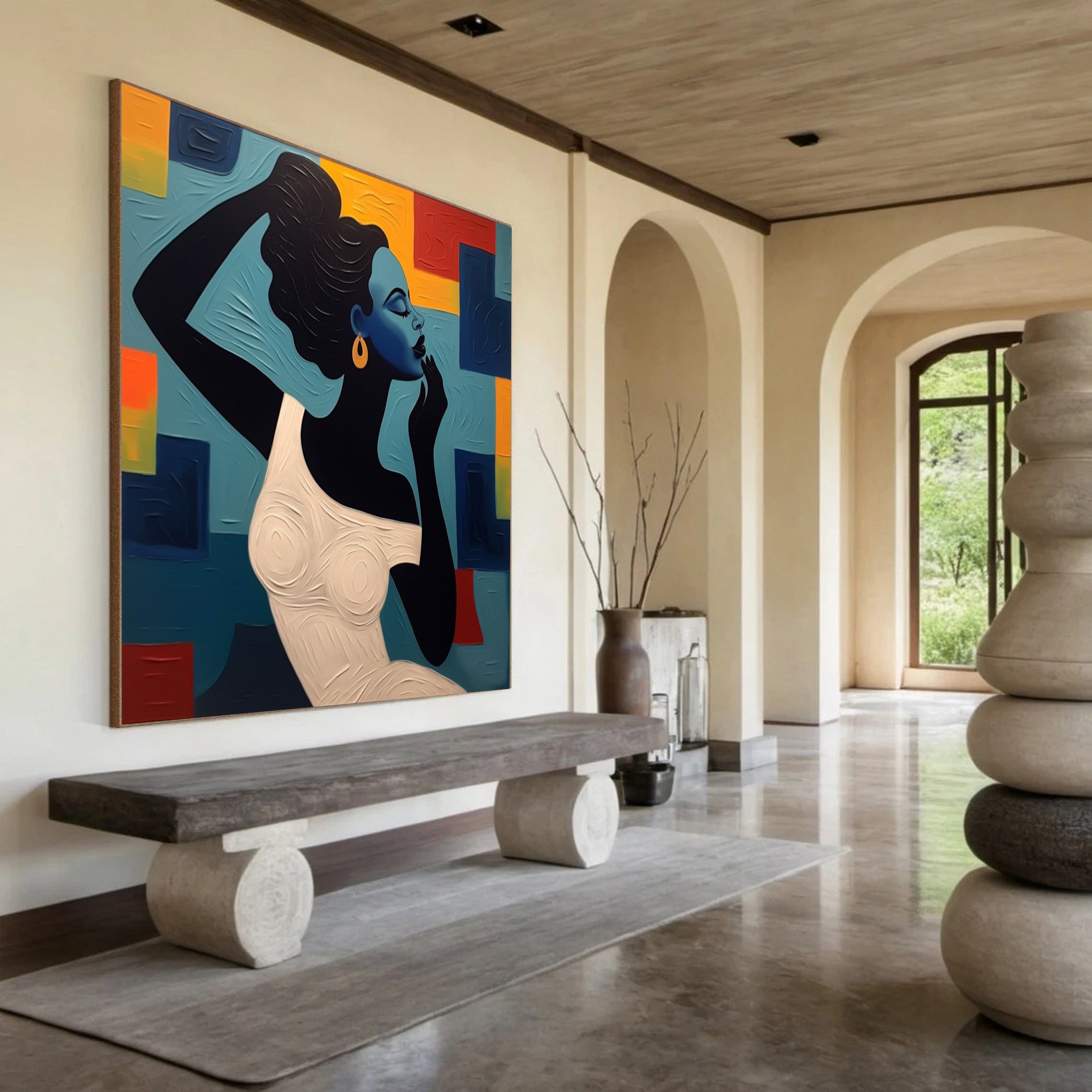 Stylized Figure Against Textured Color Shapes, Elegant Portrait #BGA 251