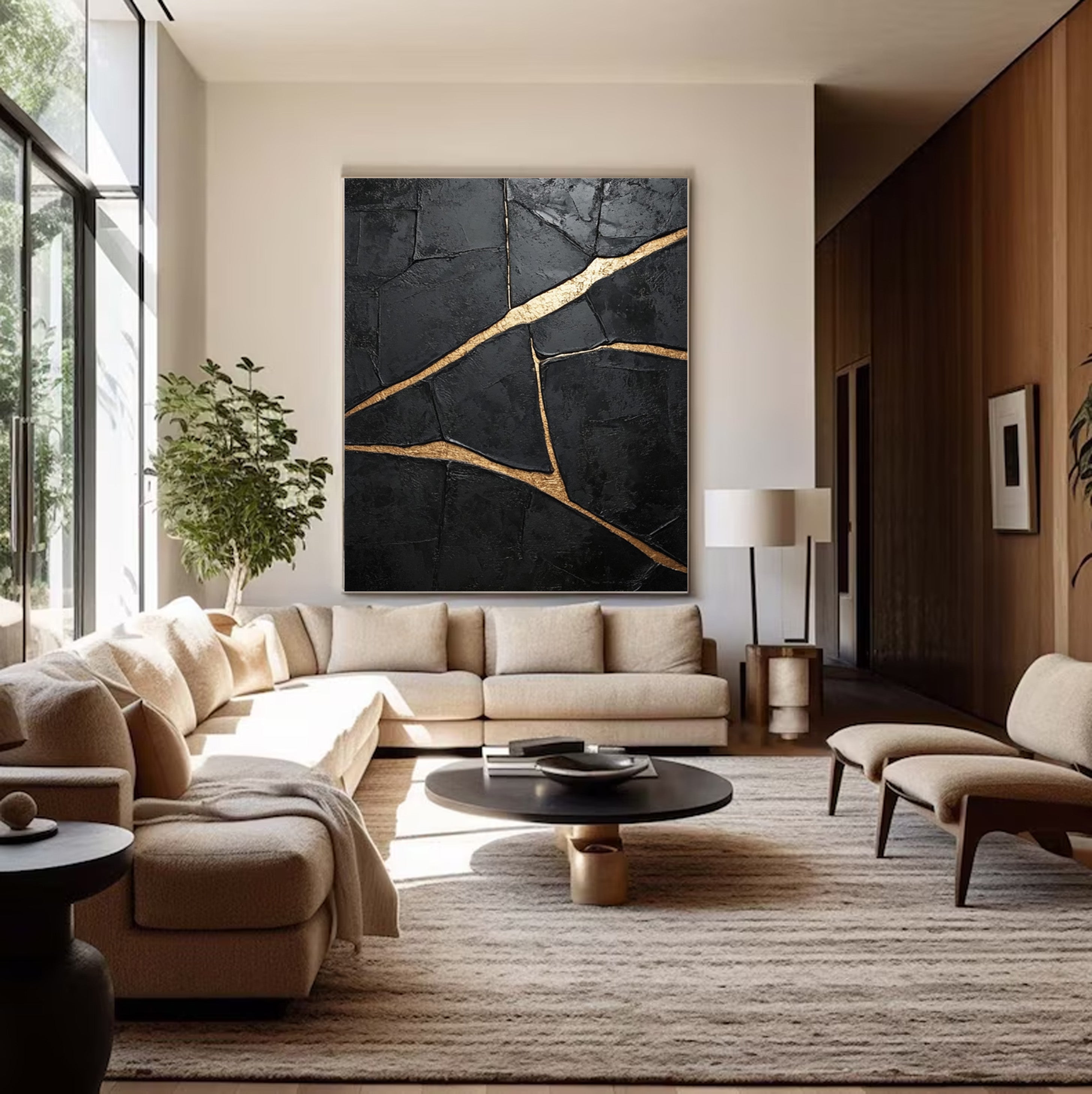 Deeply Textured Black with Bold Gold Trails, Modern Abstract #BGA 265